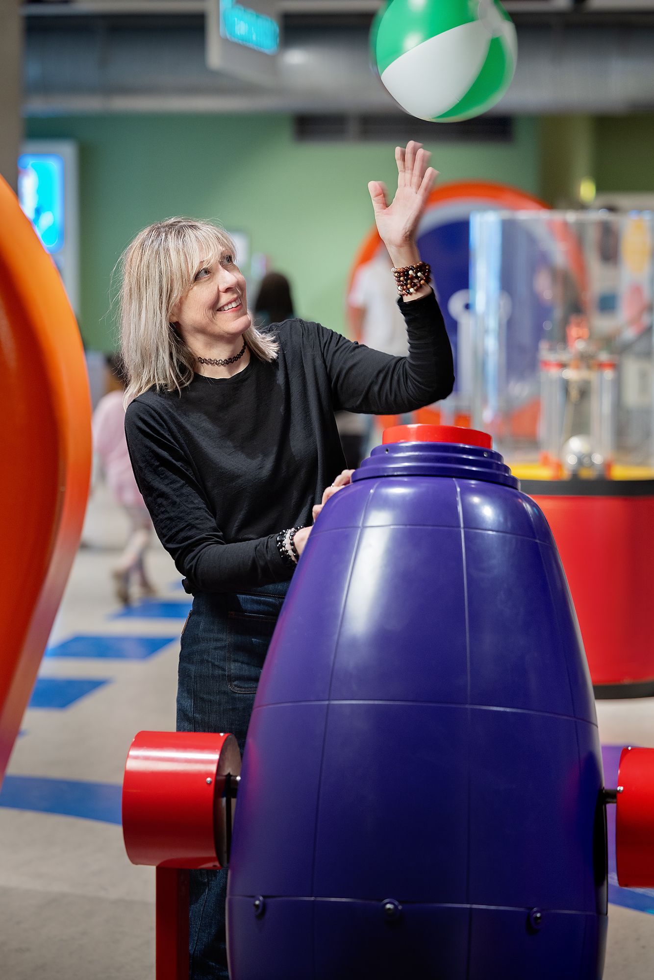 Mary Flanagan playing with the Bernoulli blower