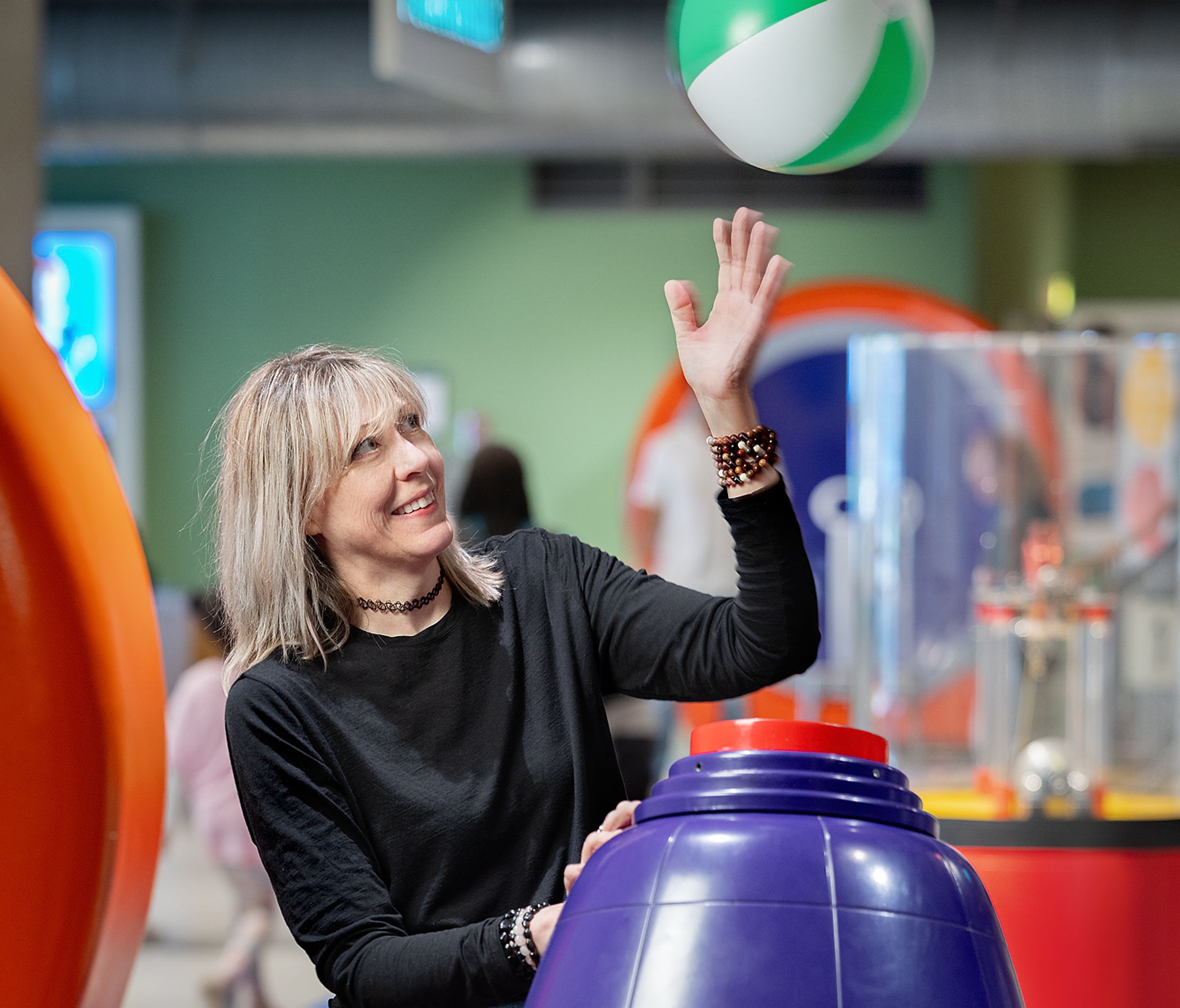Mary Flanagan playing with the Bernoulli blower