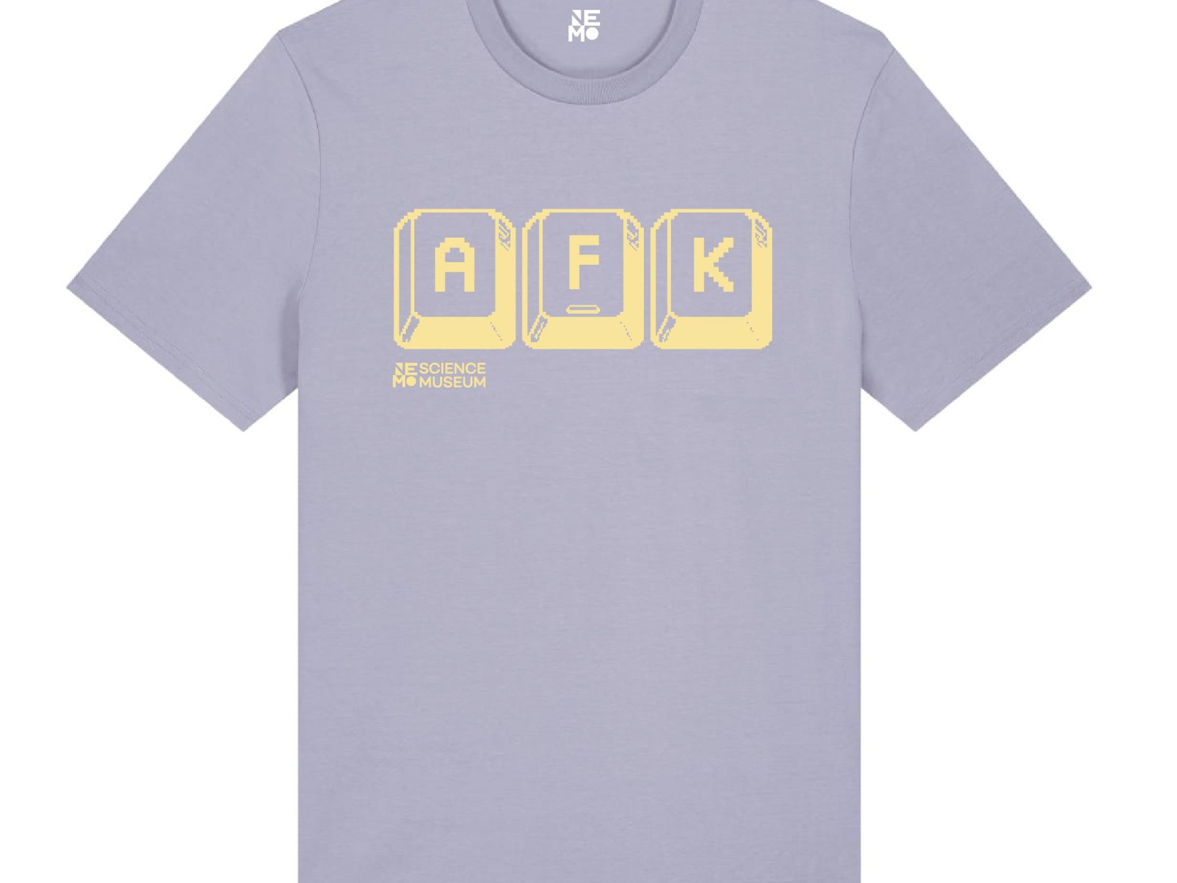 Paars t-shirt met gele opdruk van drie toetsen met de letters AFK