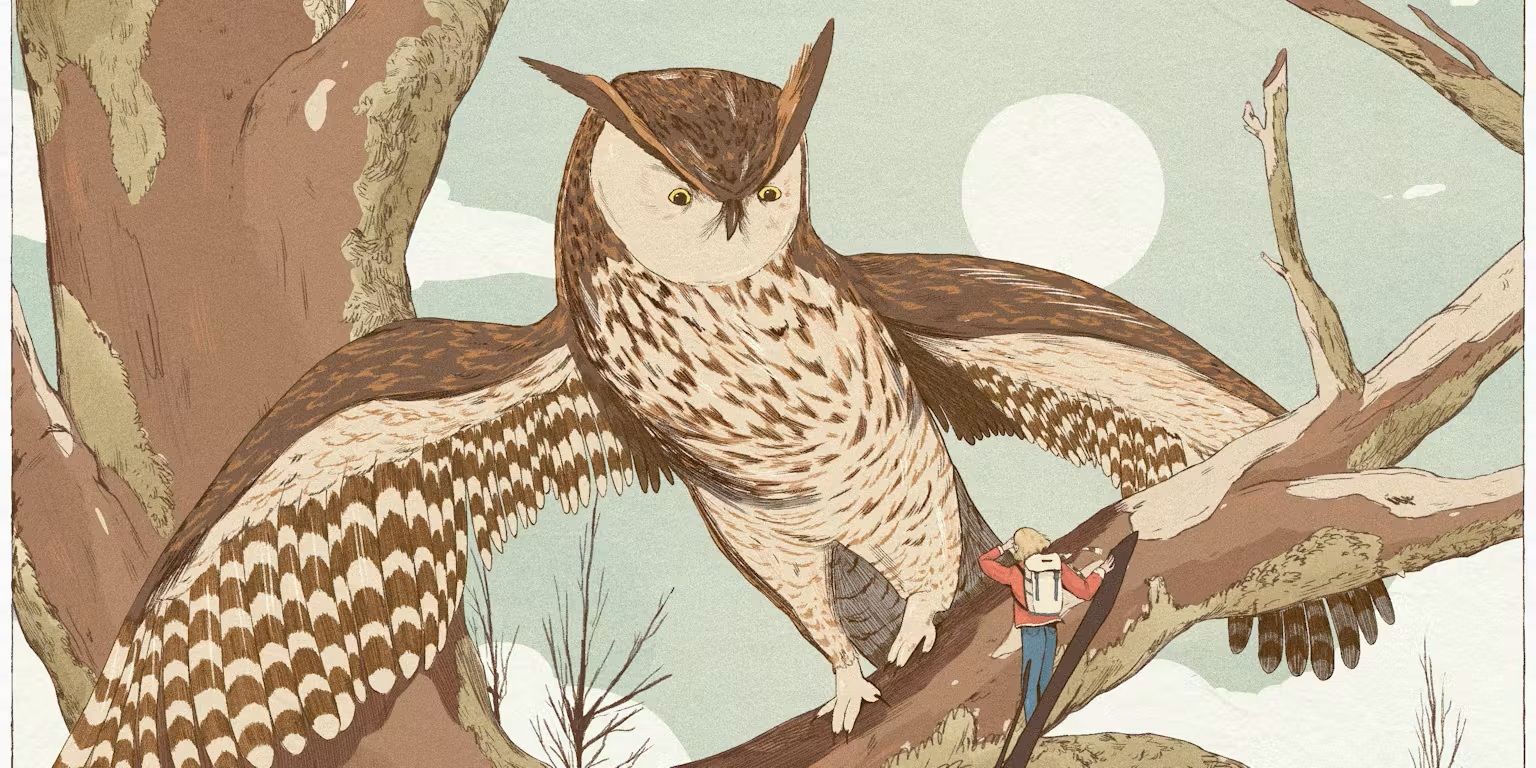 Een grote uil op een tak en een klein mens op een tak kijken naar elkaar
