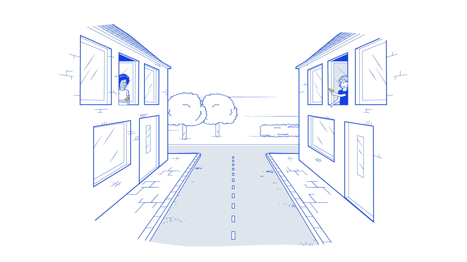 Twee huizen aan verschillende kanten van een straat. Beide huizen hebben een raam open waaruit een kind kijkt.
