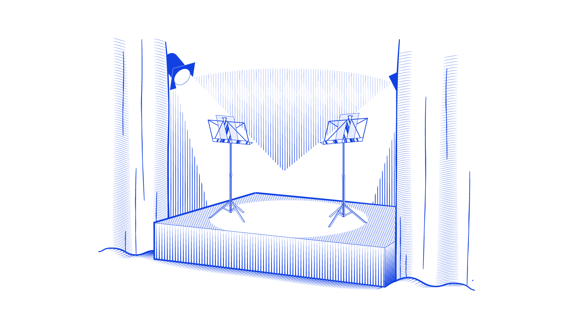 Een lijntekening van een podium waarop twee standaarden voor bladmuziek staan.