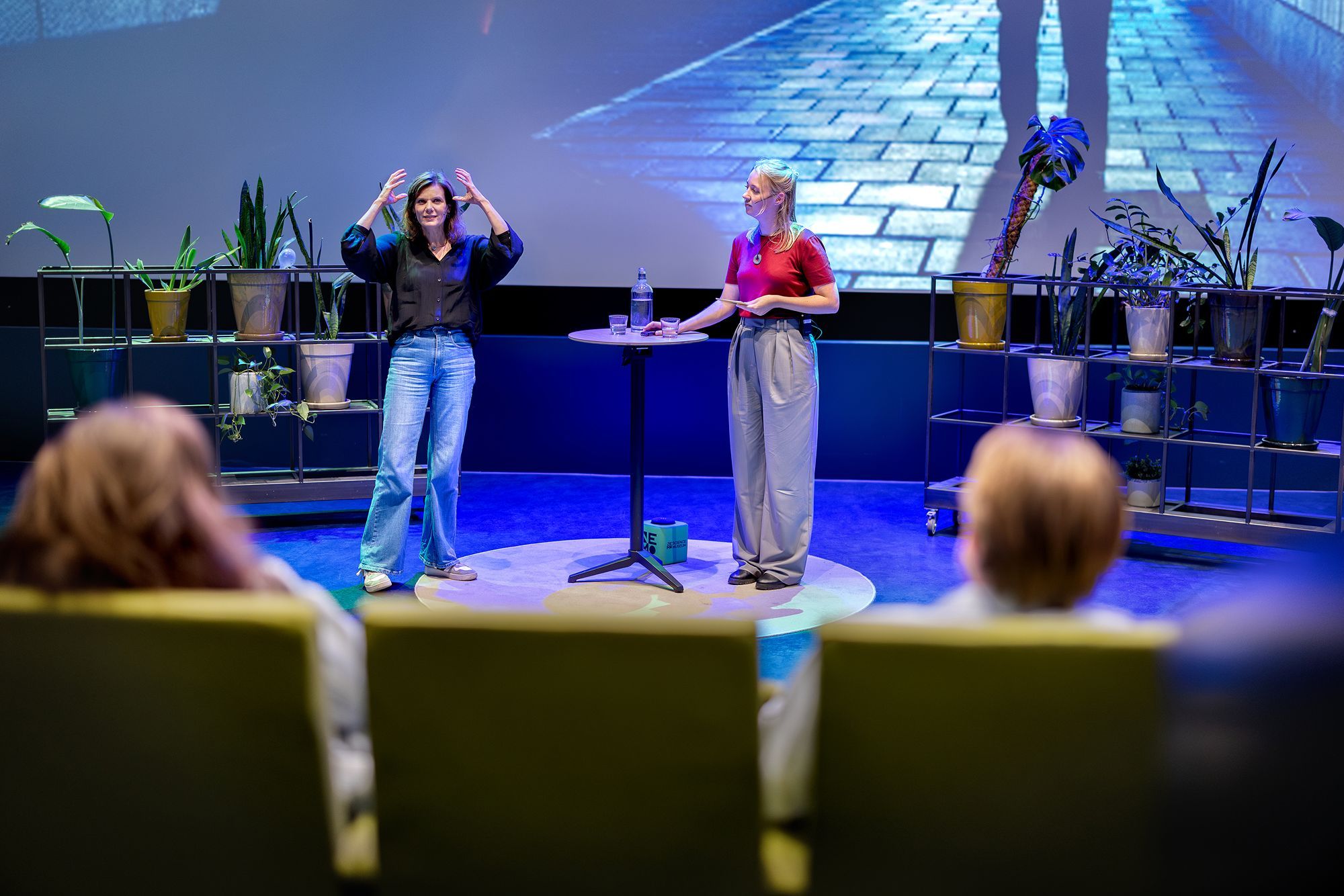 een spreker beeldt iets uit aan publiek