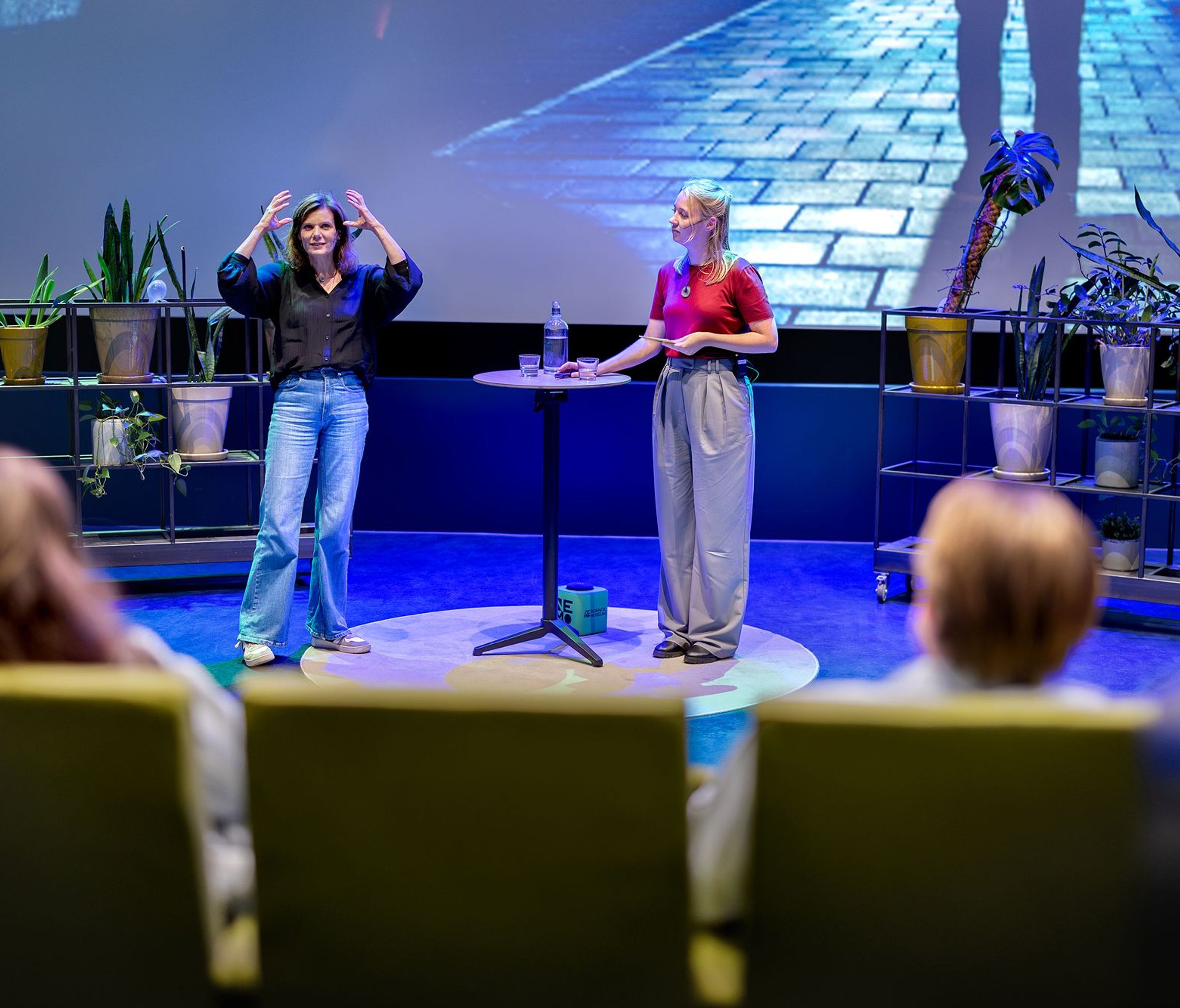 een spreker beeldt iets uit aan publiek