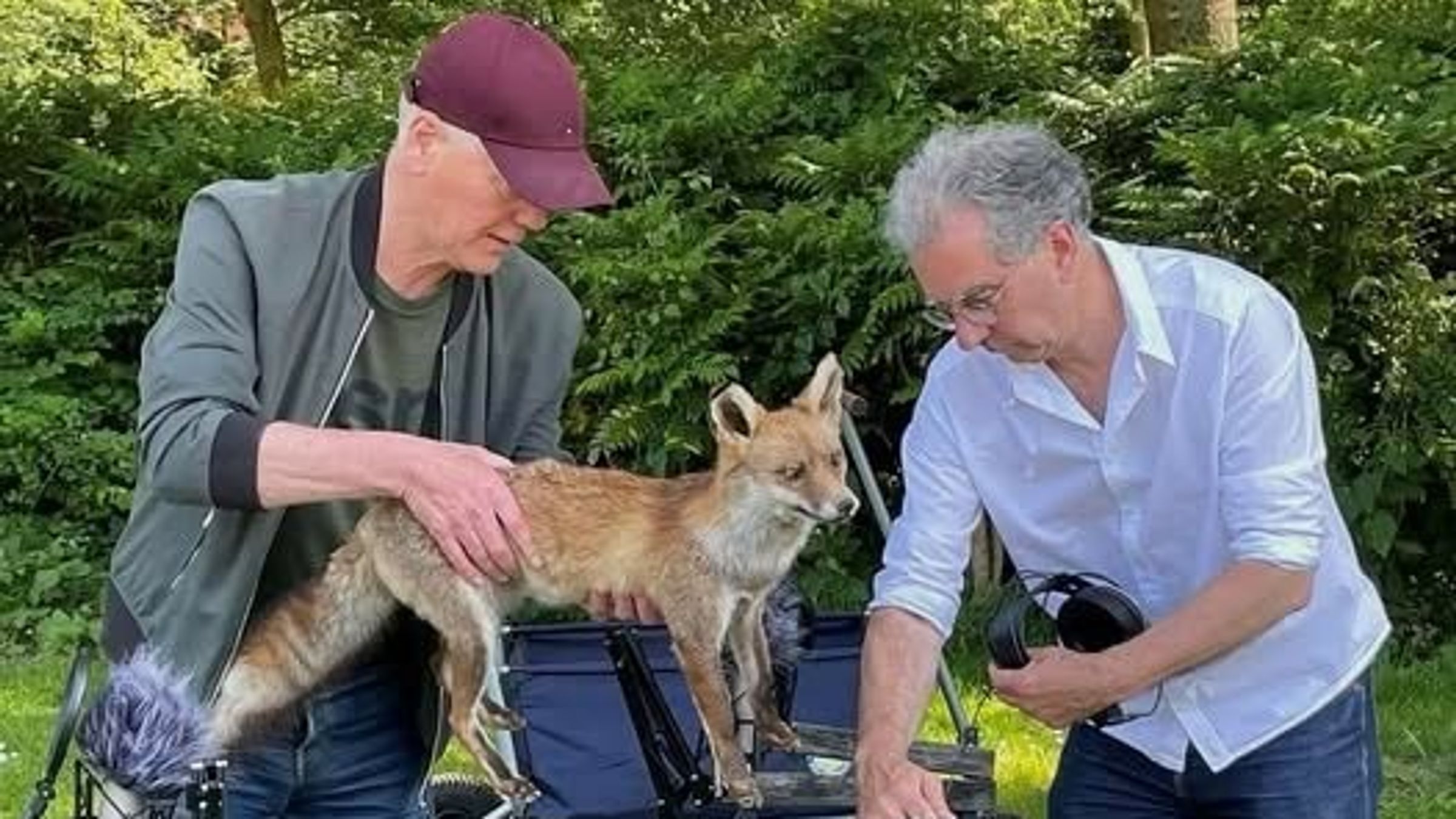 Twee mannen zijn in de weer met opname apparatuur en van de mannen heeft een opgezette vos vast.