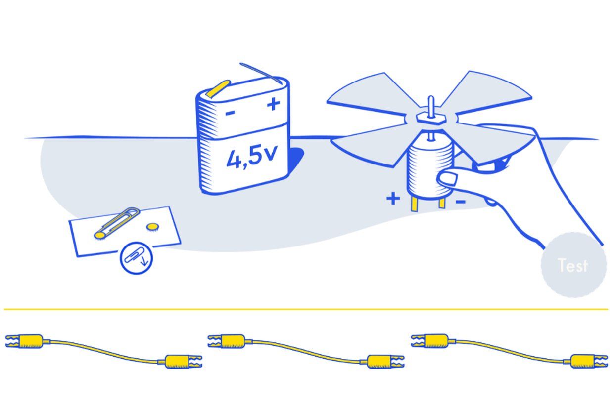 Een batterij, een propeller en meerdere stroomdraadjes