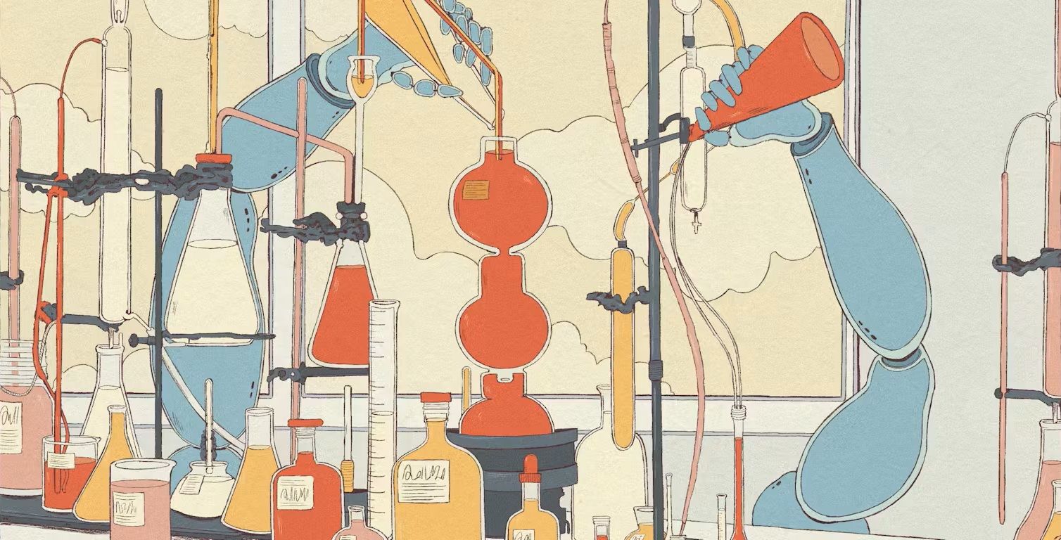 illustratie van een laboratorium waar robotarmen aan het werk zijn
