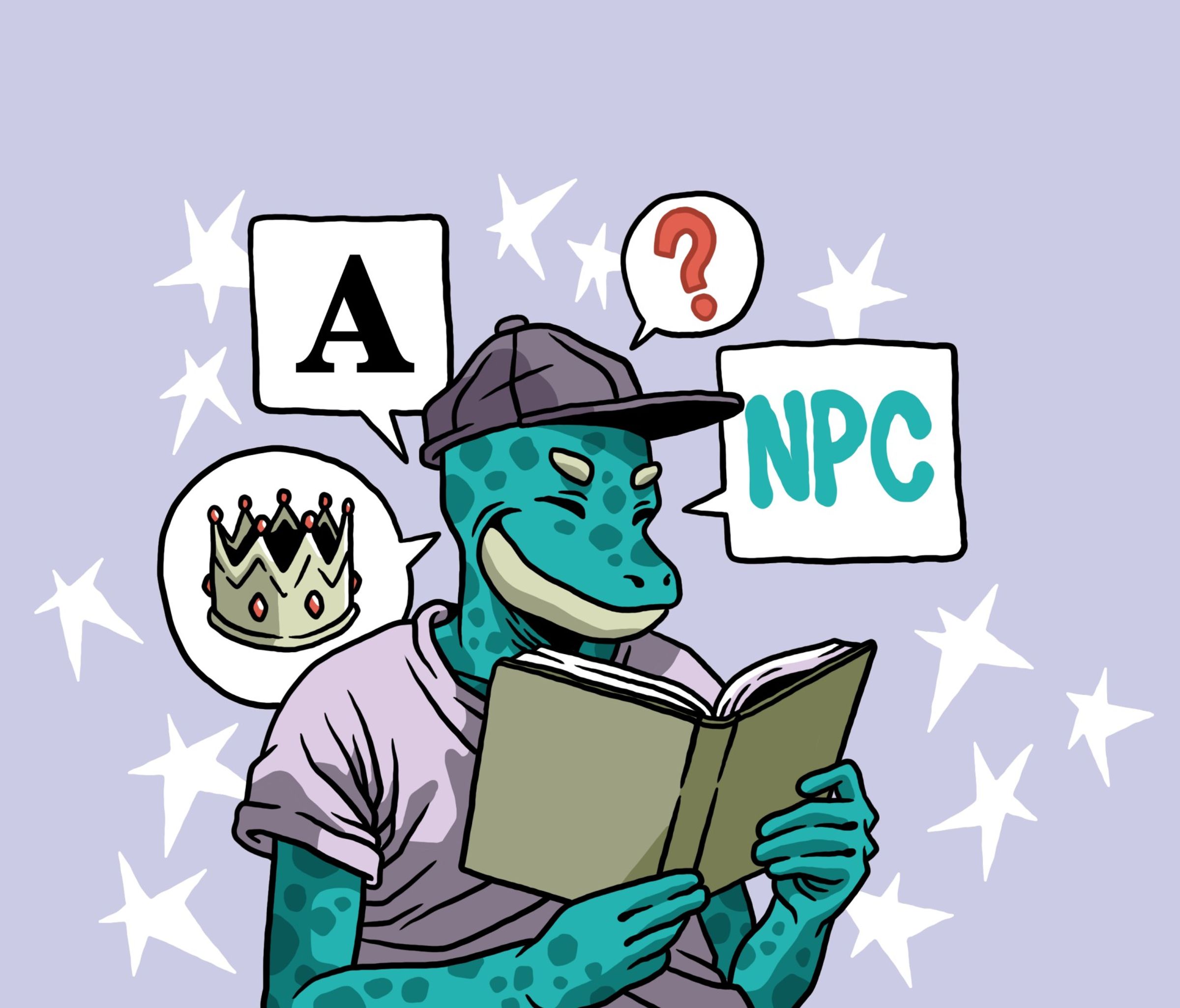 een getekende figuur leest een boek, er verschijnen iconen en woorden rond diens hoofd
