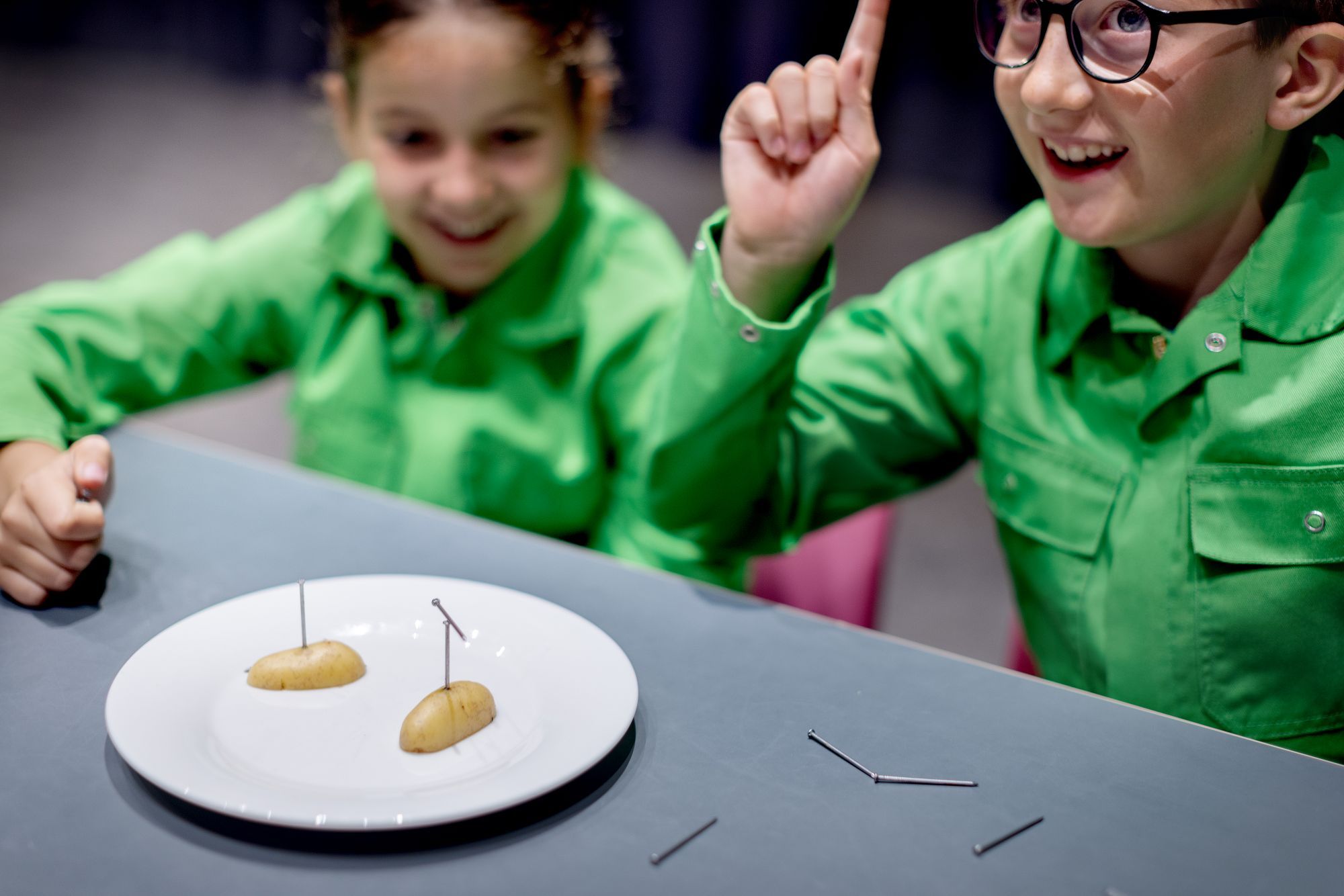 Een bord met twee halve aardappelen en spijkers erin gestoken waarop een spijker gebalanceerd is