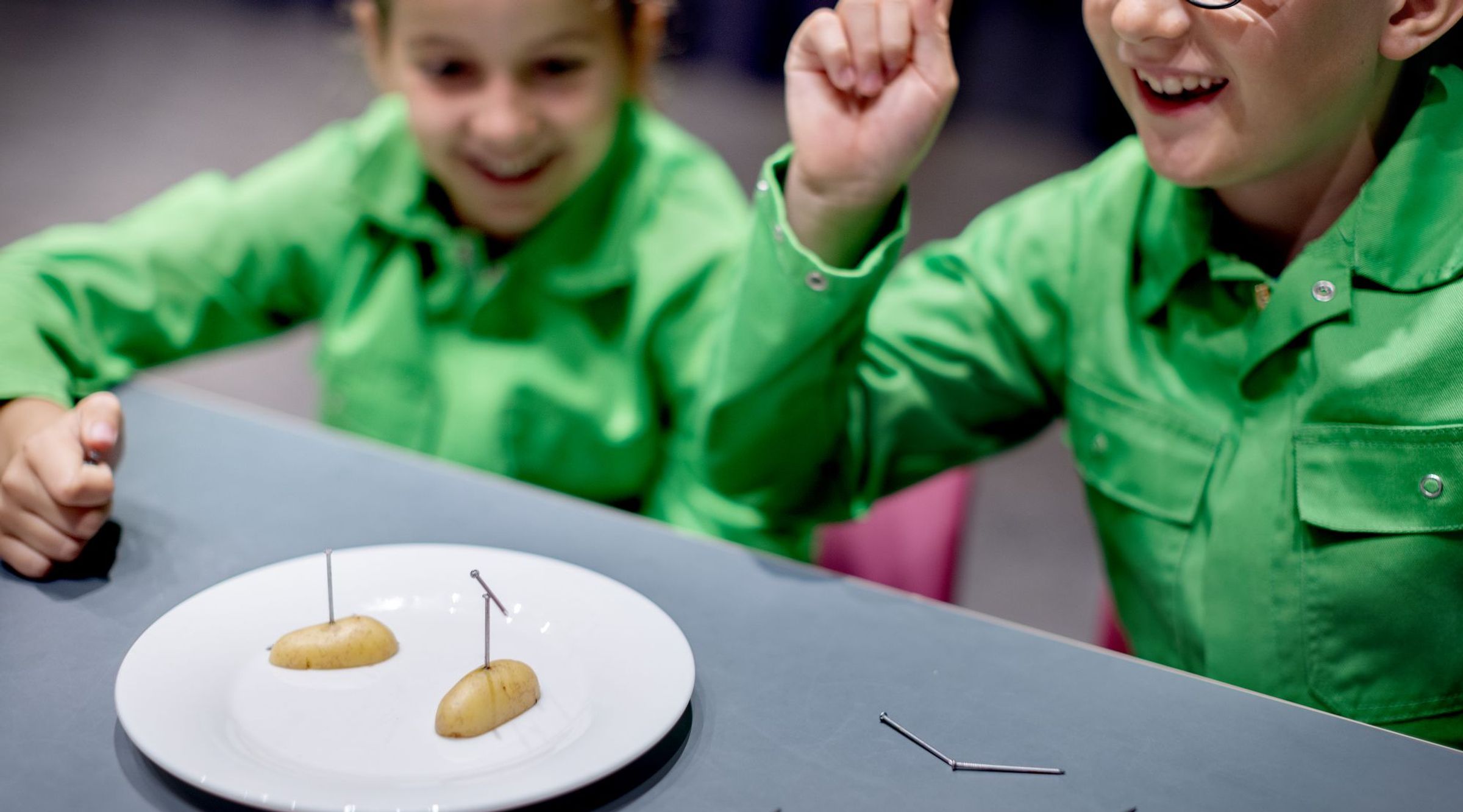 Een bord met twee halve aardappelen en spijkers erin gestoken waarop een spijker gebalanceerd is