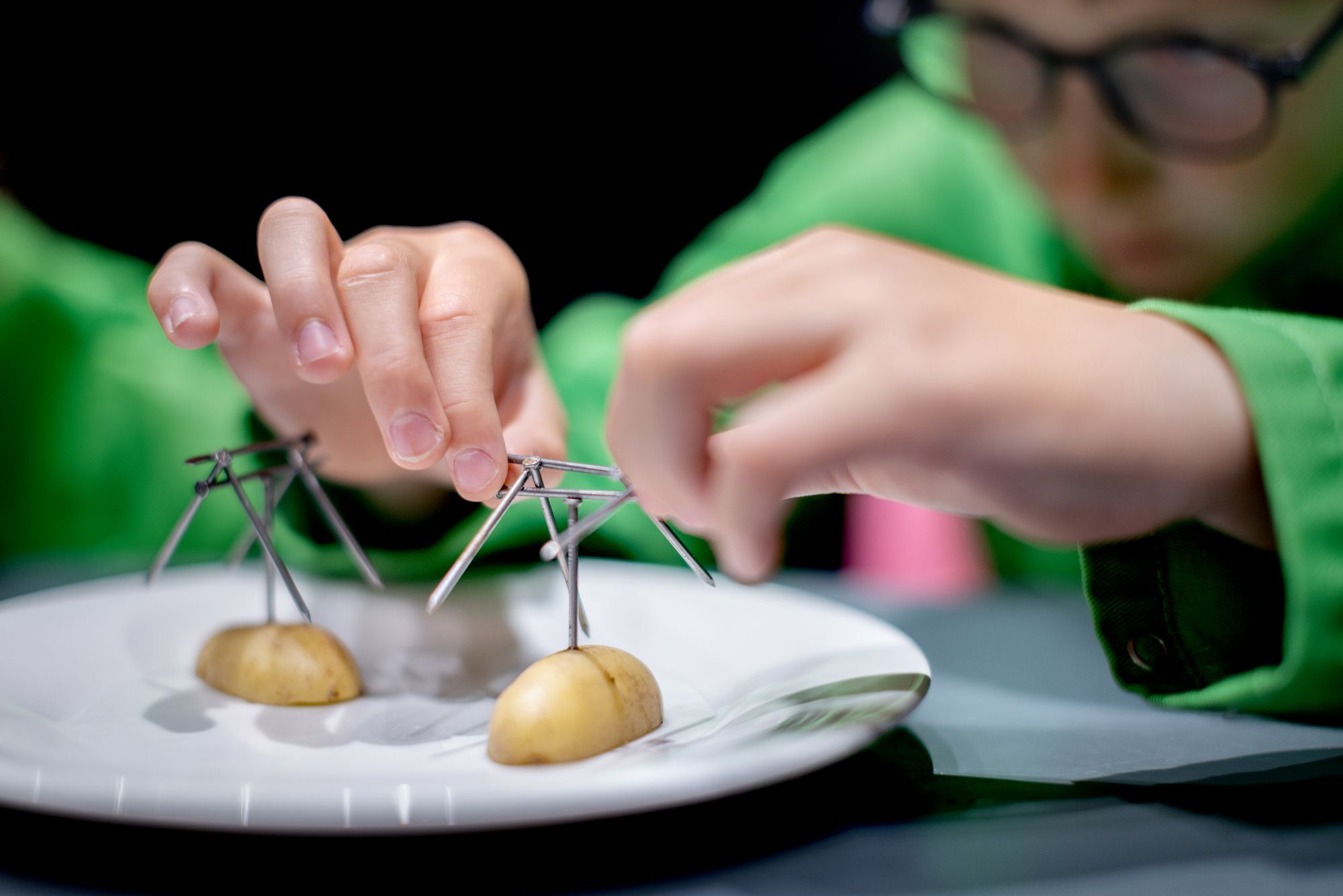 Een bord met twee halve aardappels waarin spijkers zijn gestoken waarop 6 andere spijkers gebalanceerd worden
