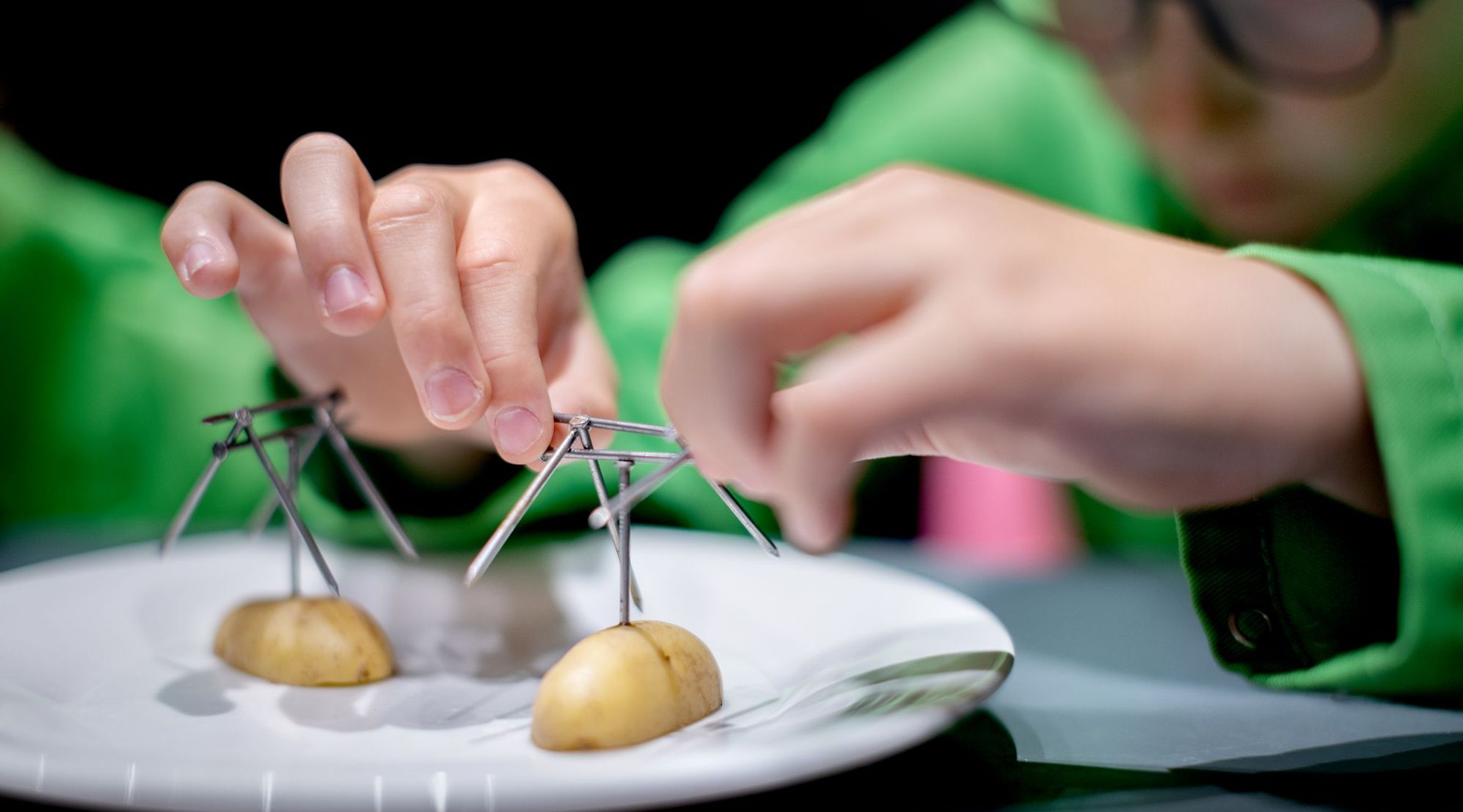 Een bord met twee halve aardappels waarin spijkers zijn gestoken waarop 6 andere spijkers gebalanceerd worden