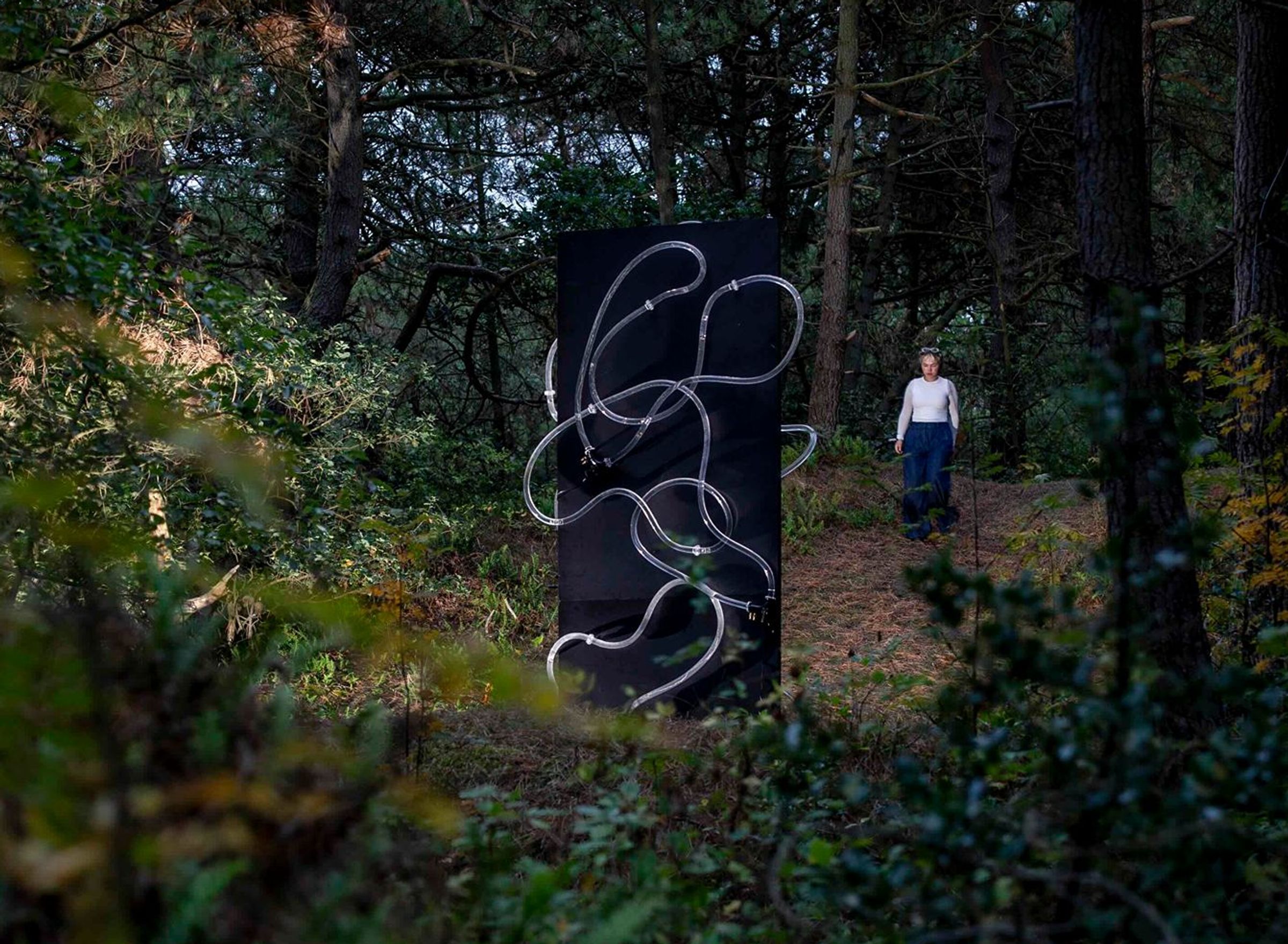 een kunstwerk met kronkelende buizen die lichtgeven