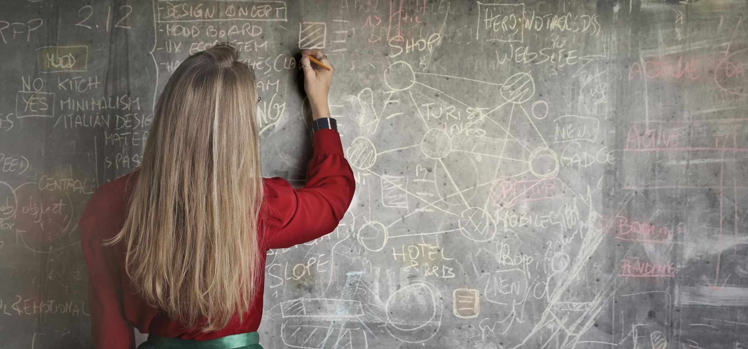 Een vrouw schrijft op een krijtbord.