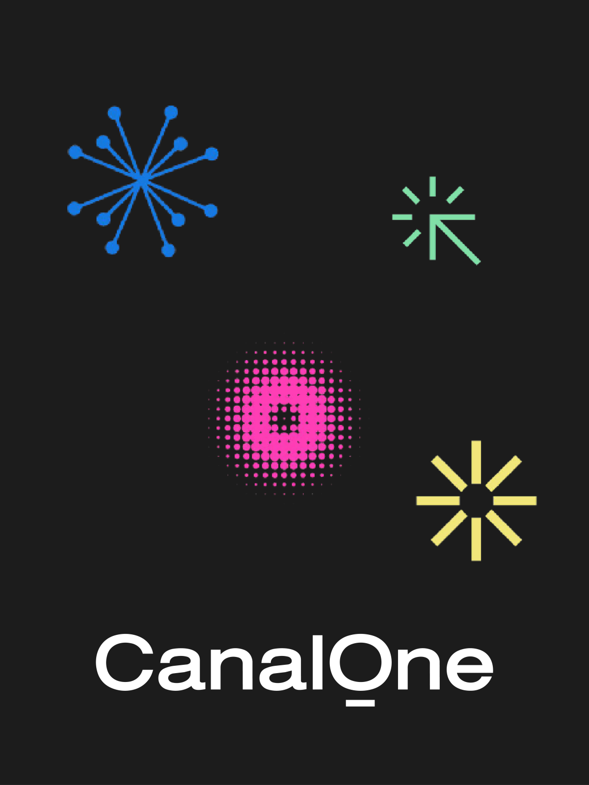Graphic bursts and starbursts in blue, magenta and yellow on a near-black ground.