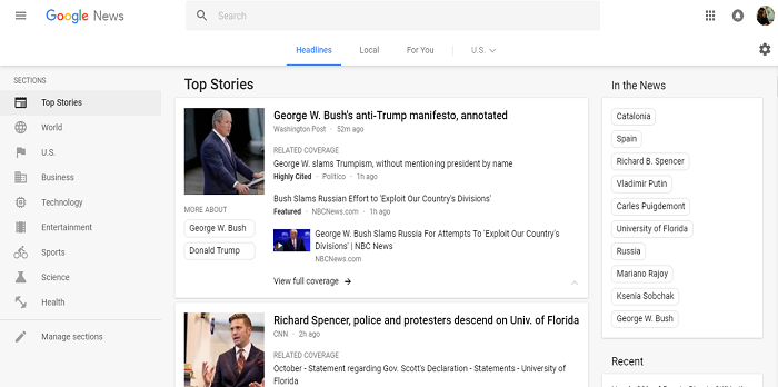 Screenshot of the Google News headlines feed