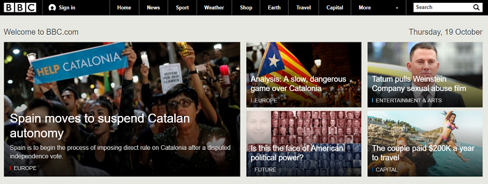 Screenshot of the British Broadcasting Corporation (BBC) website