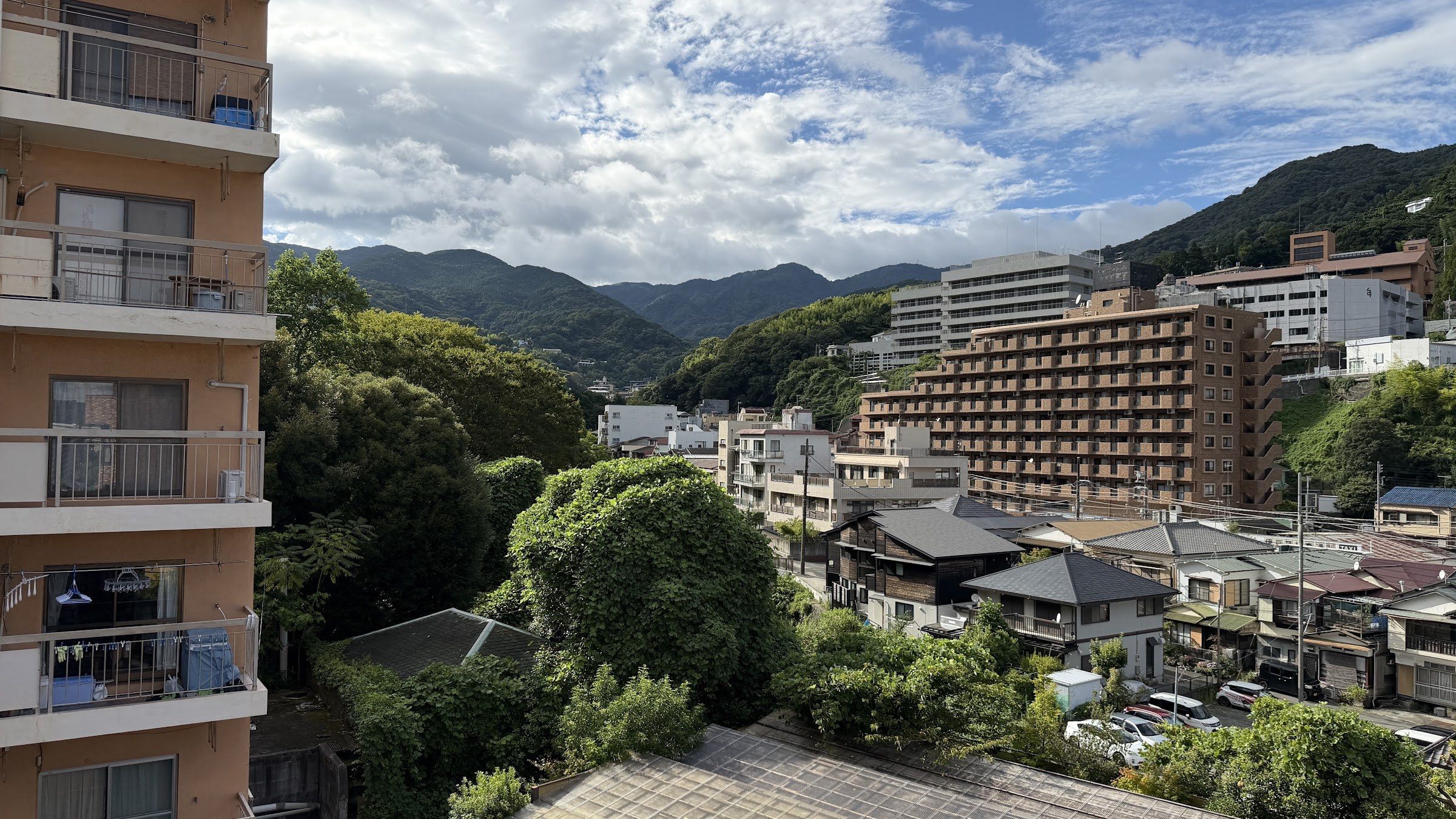 Buildings nestled among the wooded slopes of inland Yugawara