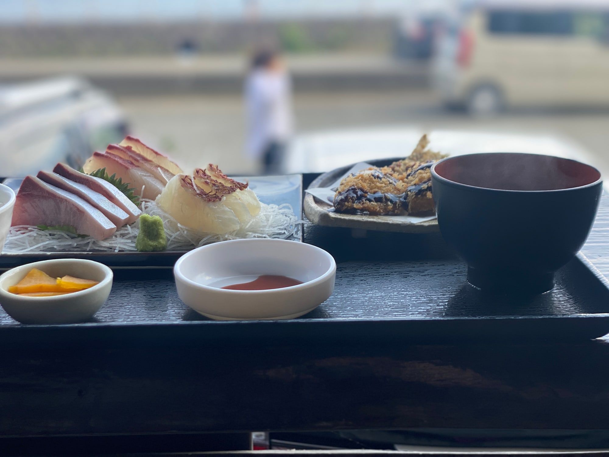 Sashimi platter with fried fish at Fukuura Minato Shokudo