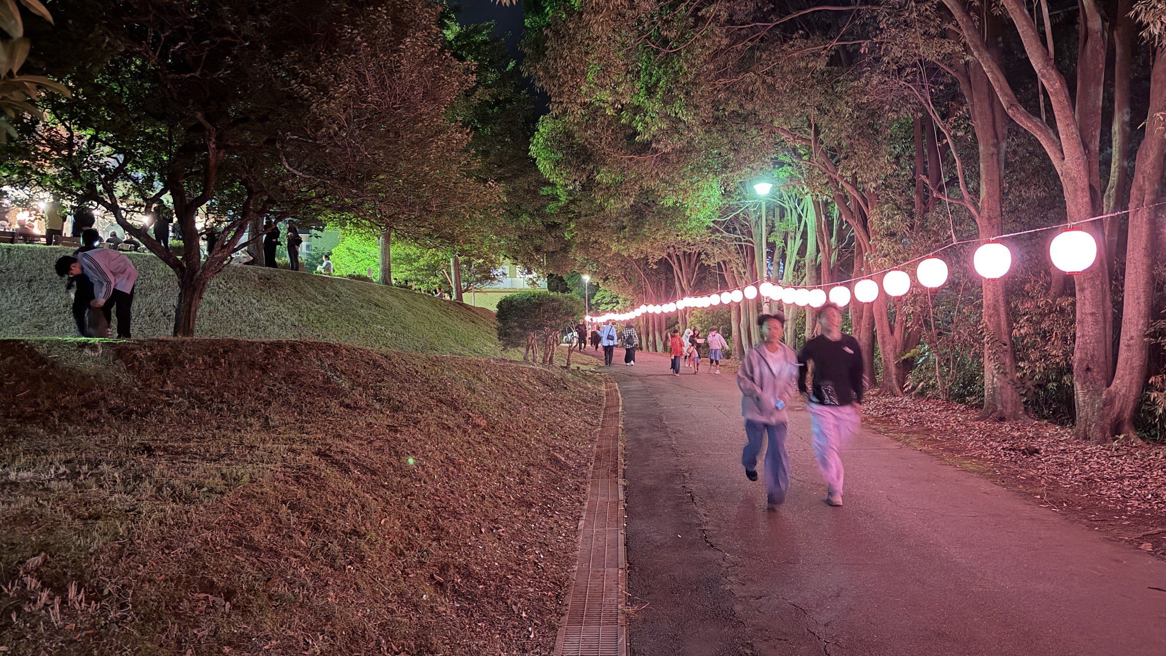 Visitors walking beneath lanterns on a public path at night