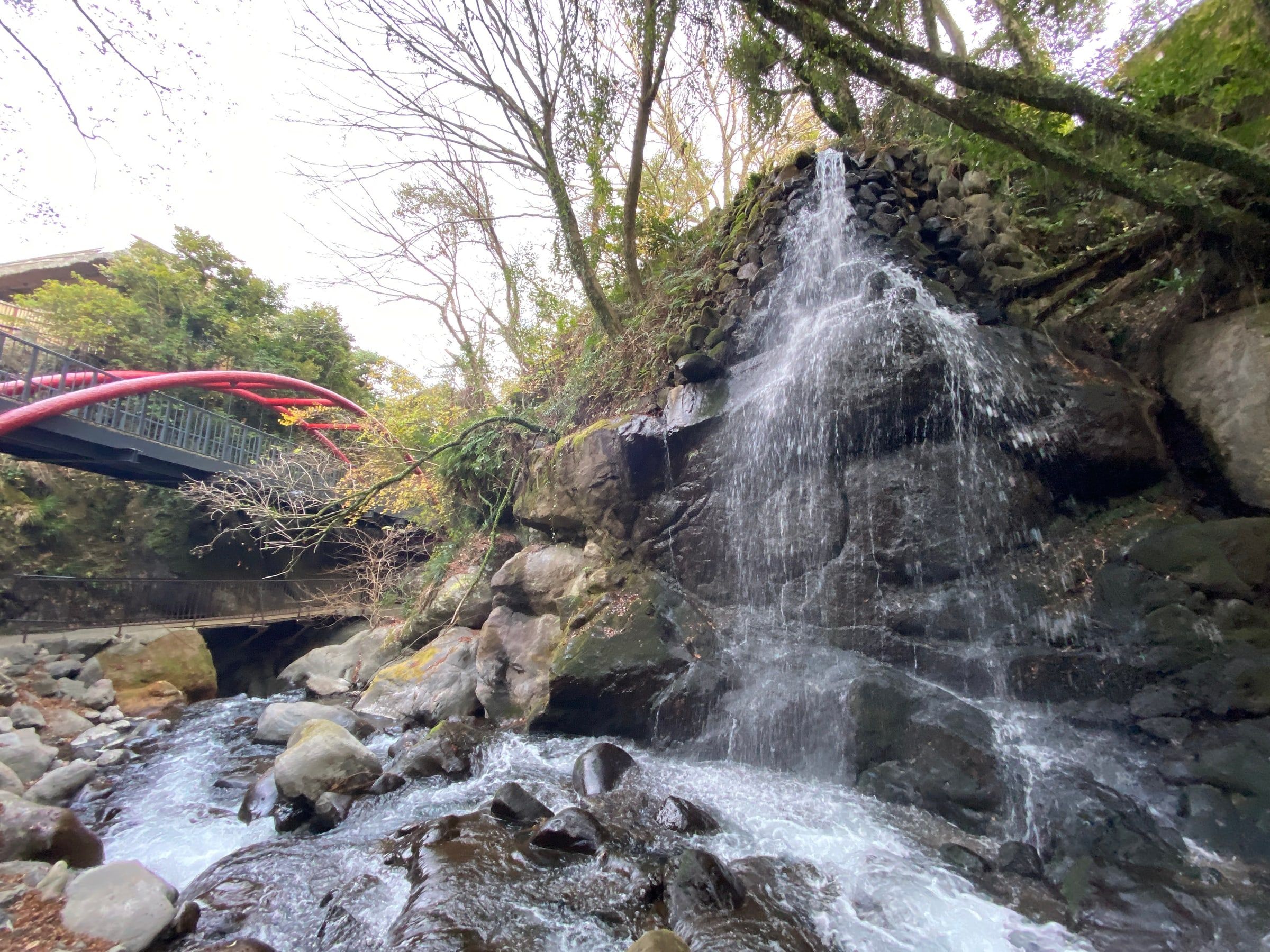 A waterfall descending beside a red footbridge among winter trees