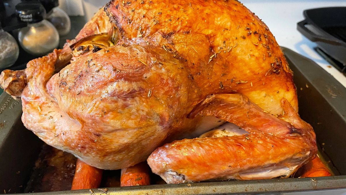 Cooked turkey in a pan