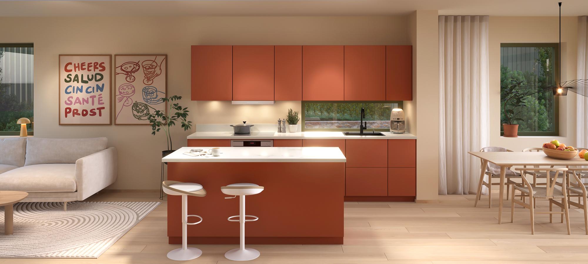 3D-generert bilde av kjøkken i en av boligene i Via Vestby