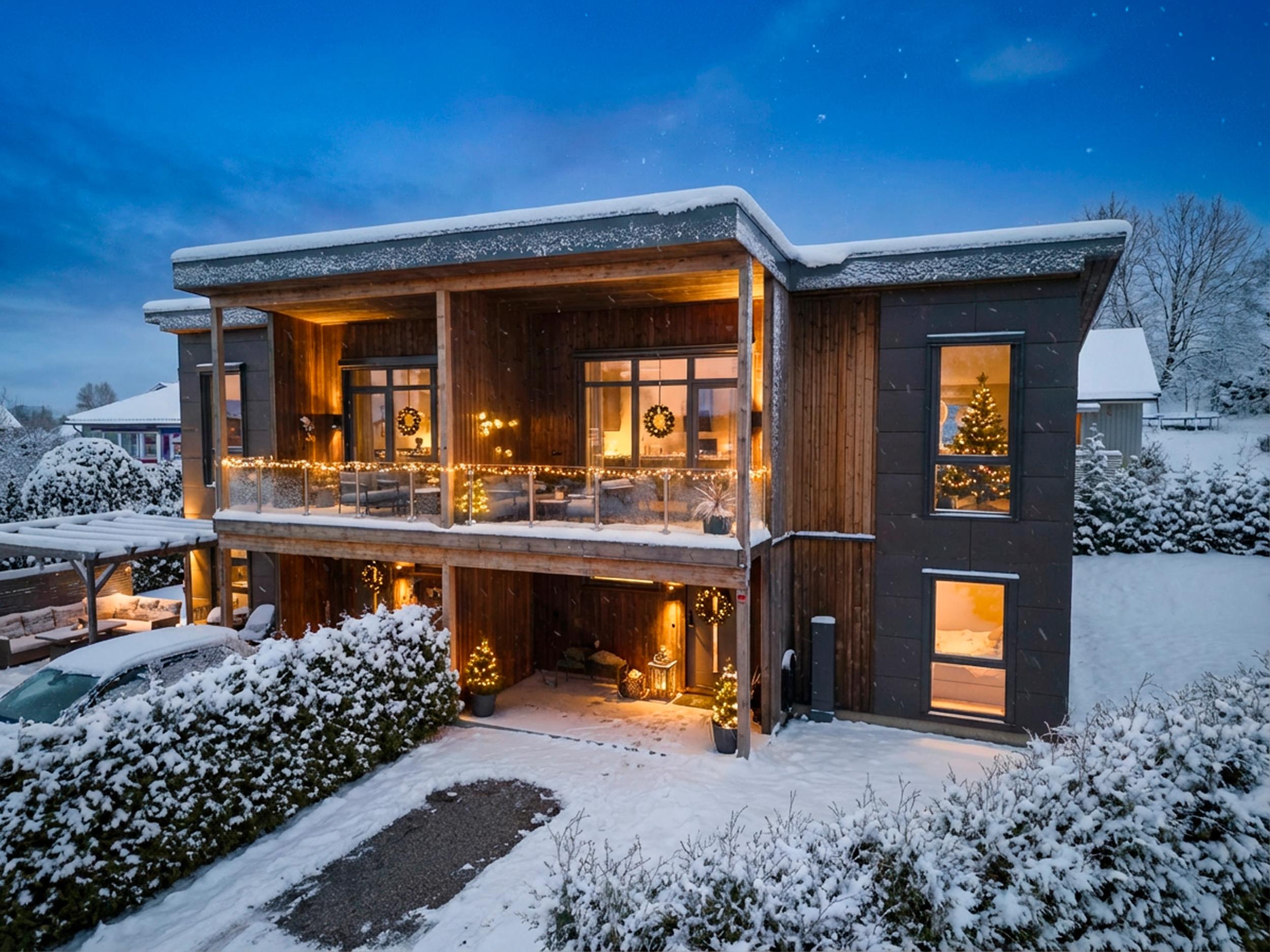 Attentus har gleden av å presentere denne fine boligen i all sin juleprakt. Det gjøres oppmerksom på at bildet er KI generert, og avviker fra virkeligheten.