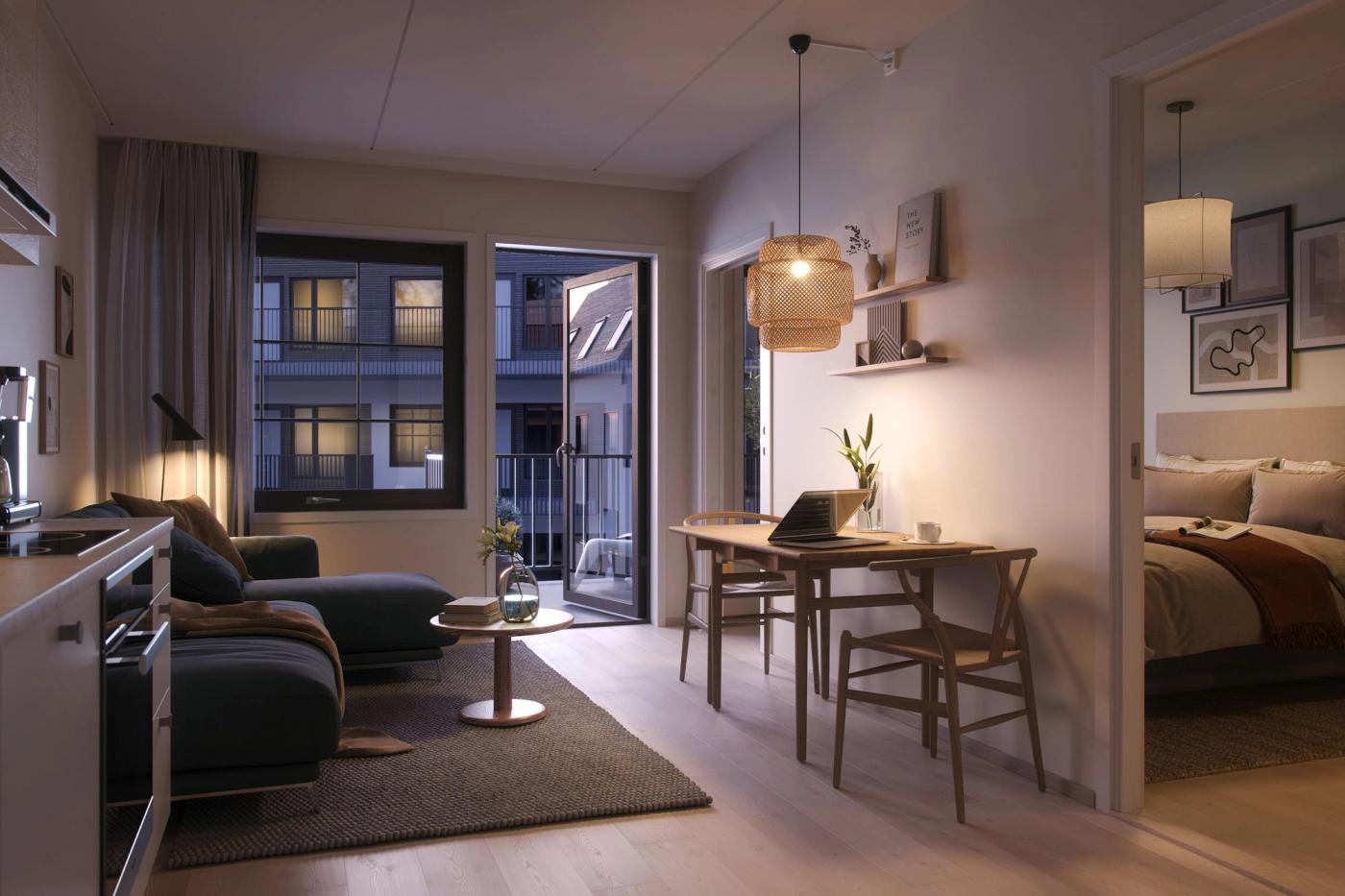 Stue med soverom inn til høyre