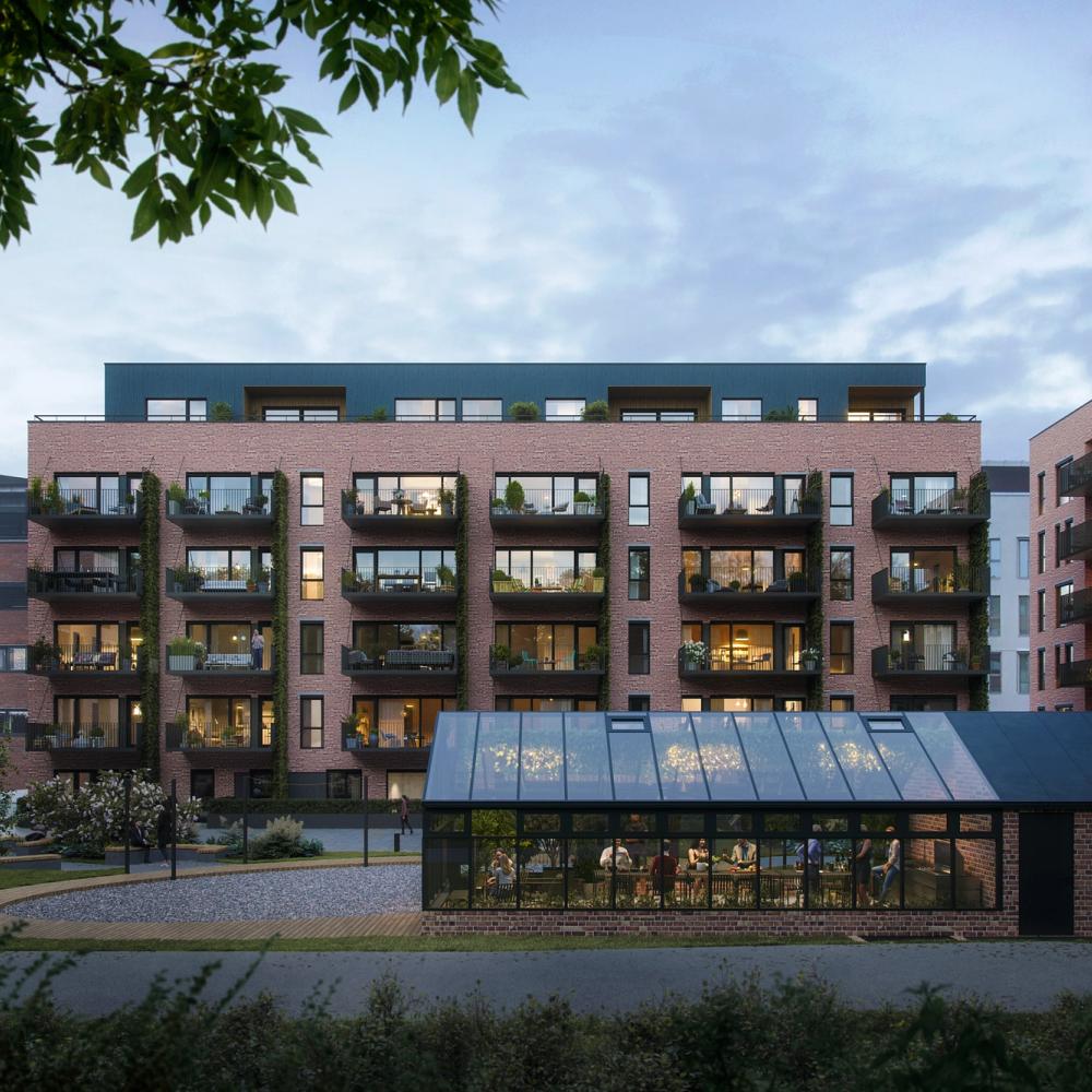 3D-illustrasjon av prosjektet Meierihagen i Askim sentrum.