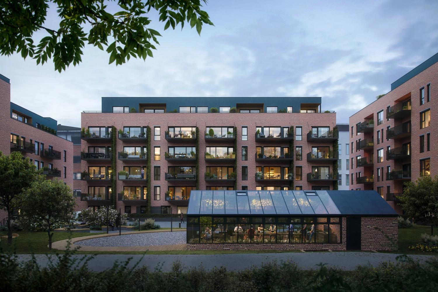 3D-illustrasjon av prosjektet Meierihagen i Askim sentrum.