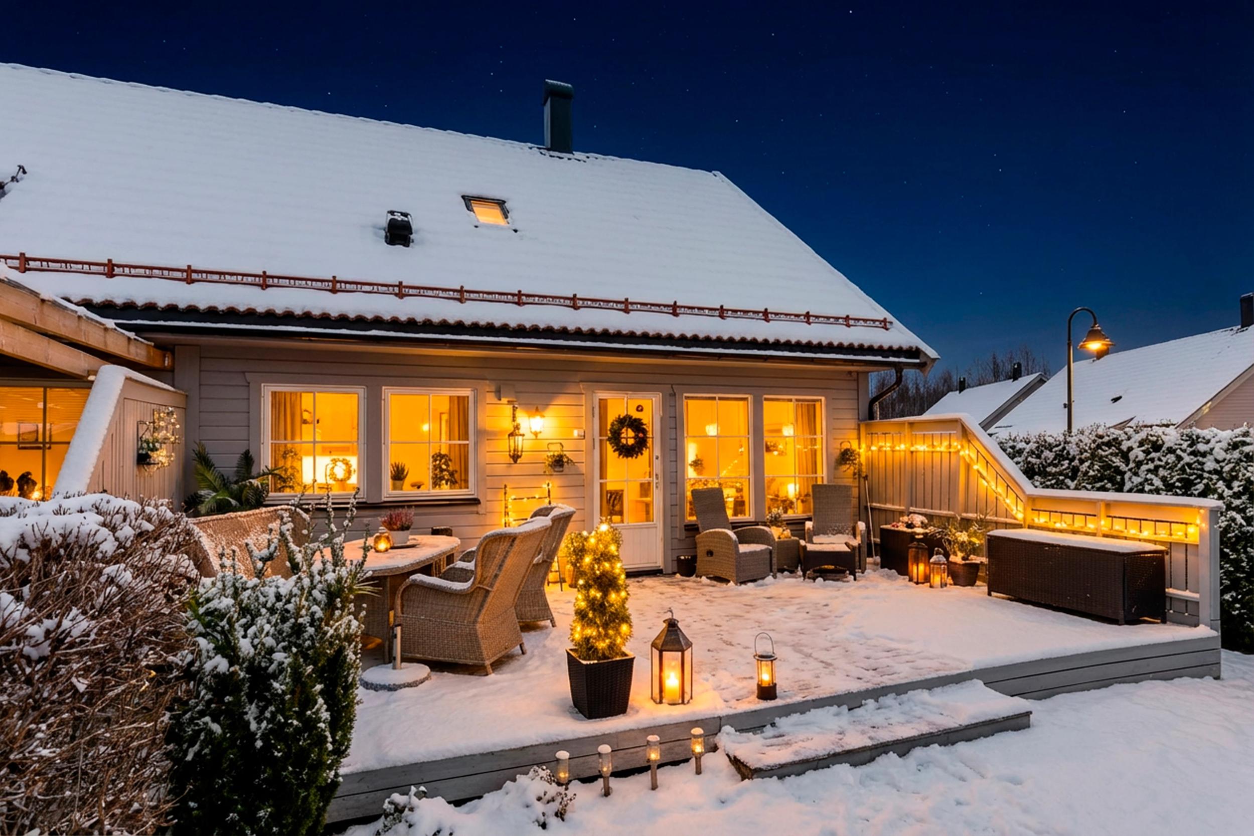 Attentus har gleden av å presentere denne fine boligen i all sin juleprakt. Det gjøres oppmerksom på at bildet er KI generert, og avviker fra virkeligheten.