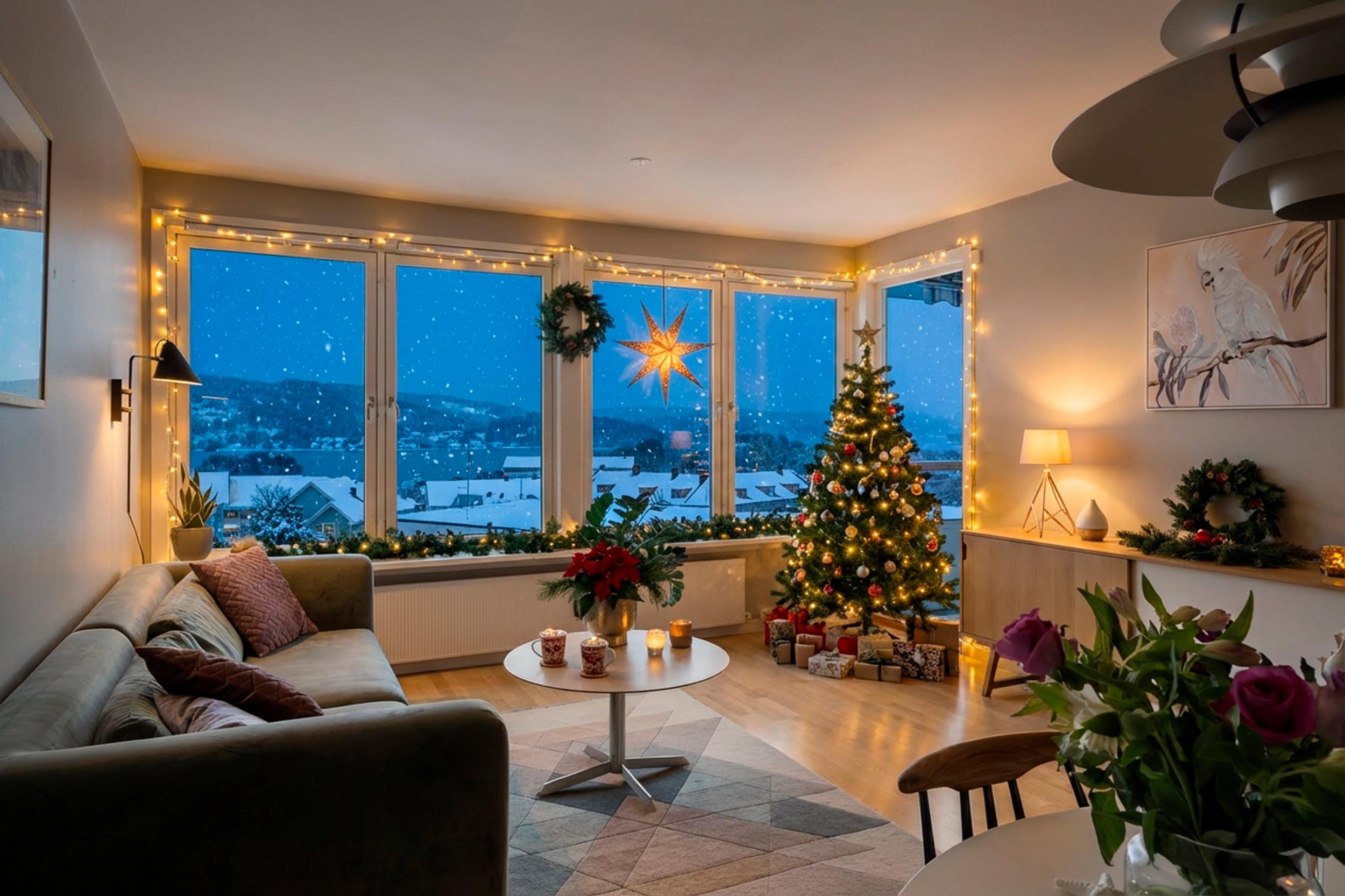 Attentus har gleden av å presentere denne fine leiligheten i all sin juleprakt. Det gjøres oppmerksom på at bildet er KI generert, og avviker fra virkeligheten.