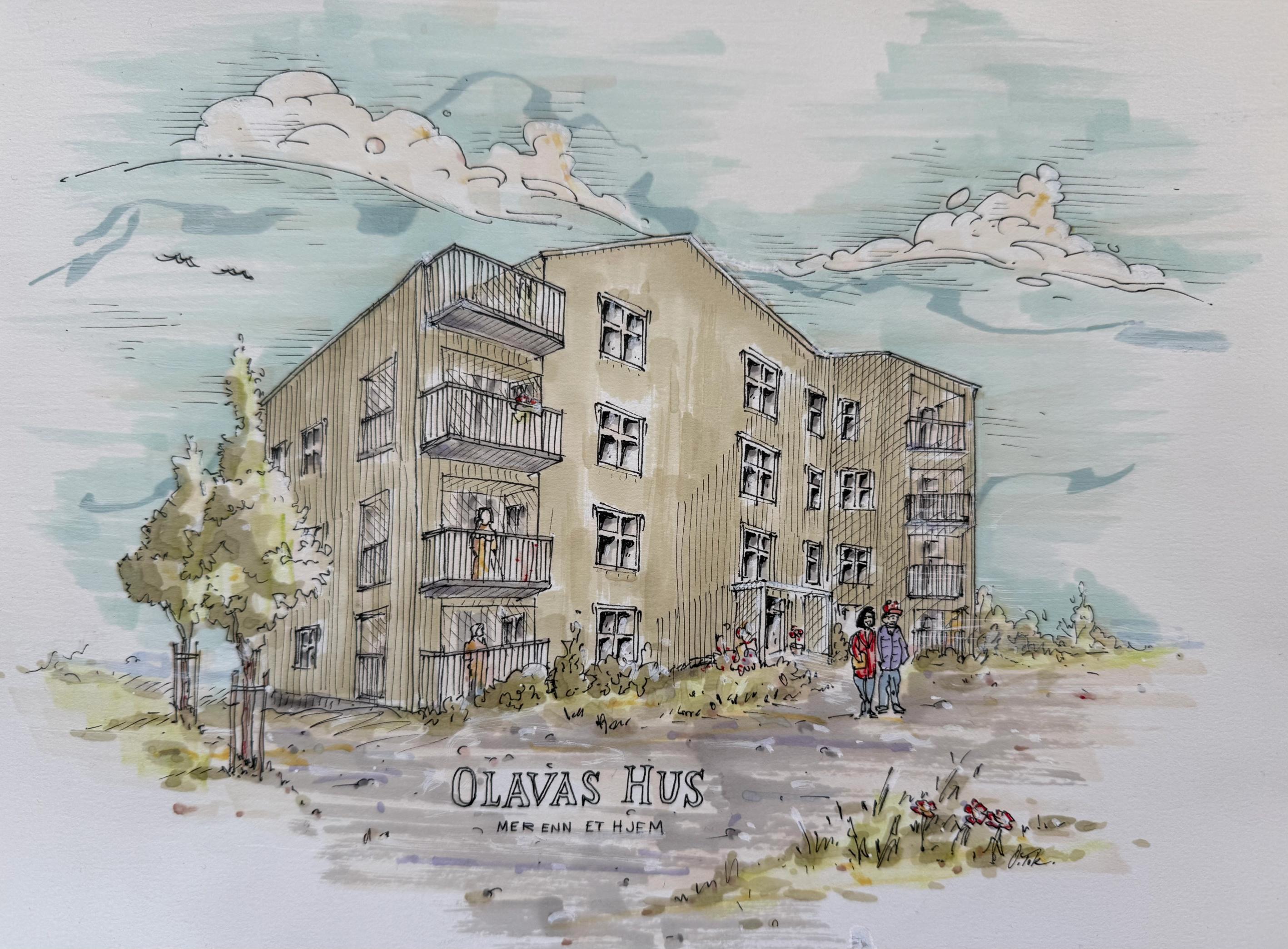 Håndtegnet skisse av prosjektet Olavas Hus