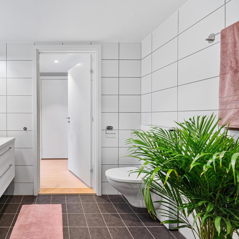 Bad med hvite fliser. Foto.