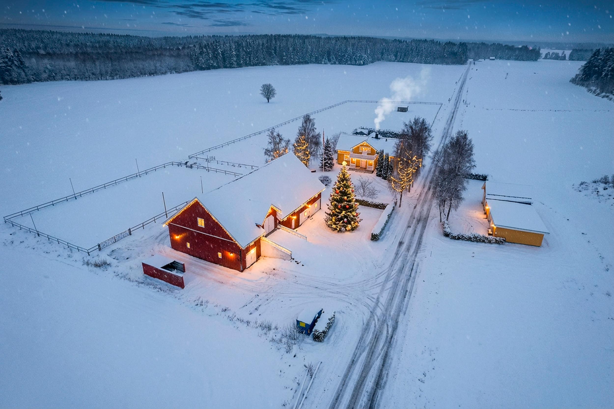 Attentus har gleden av å presentere denne fine boligen i all sin juleprakt. Det gjøres oppmerksom på at bildet er KI generert, og avviker fra virkeligheten.