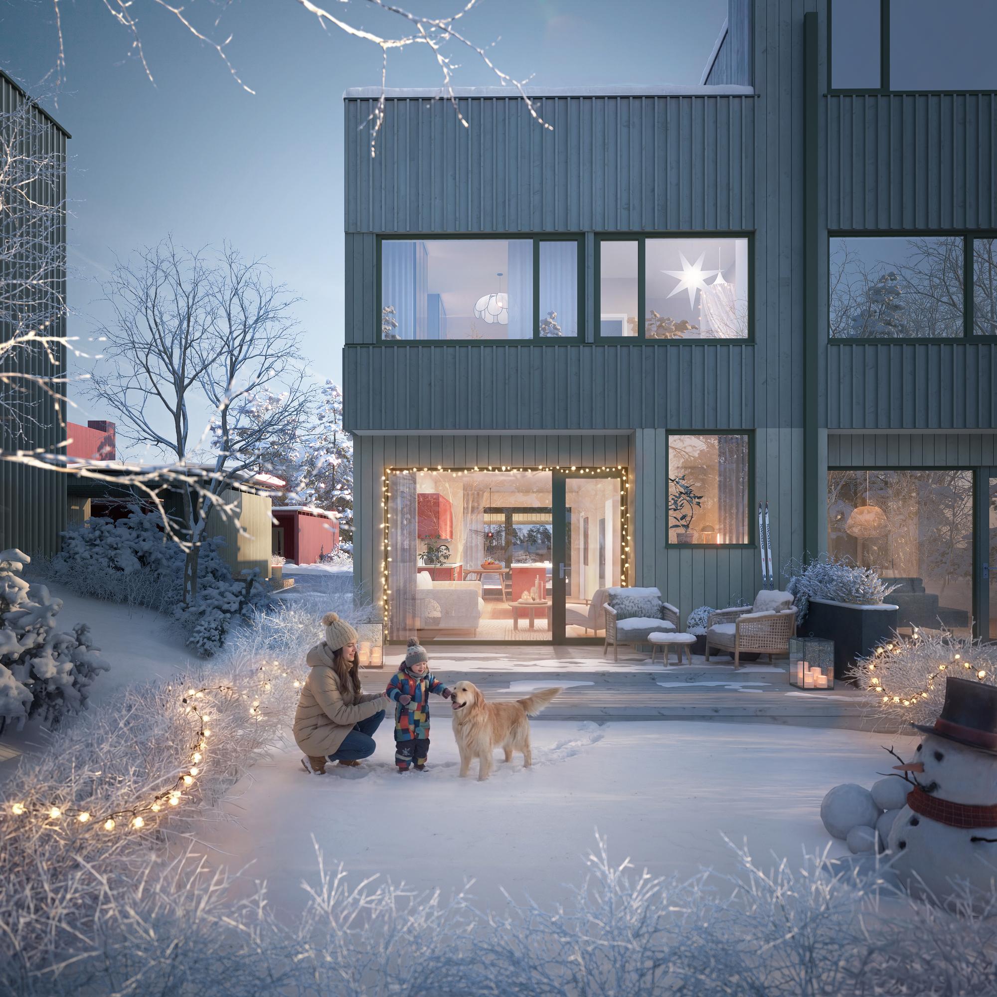 3d-bilde av hagen til et av rekkehusene i Via Vestby