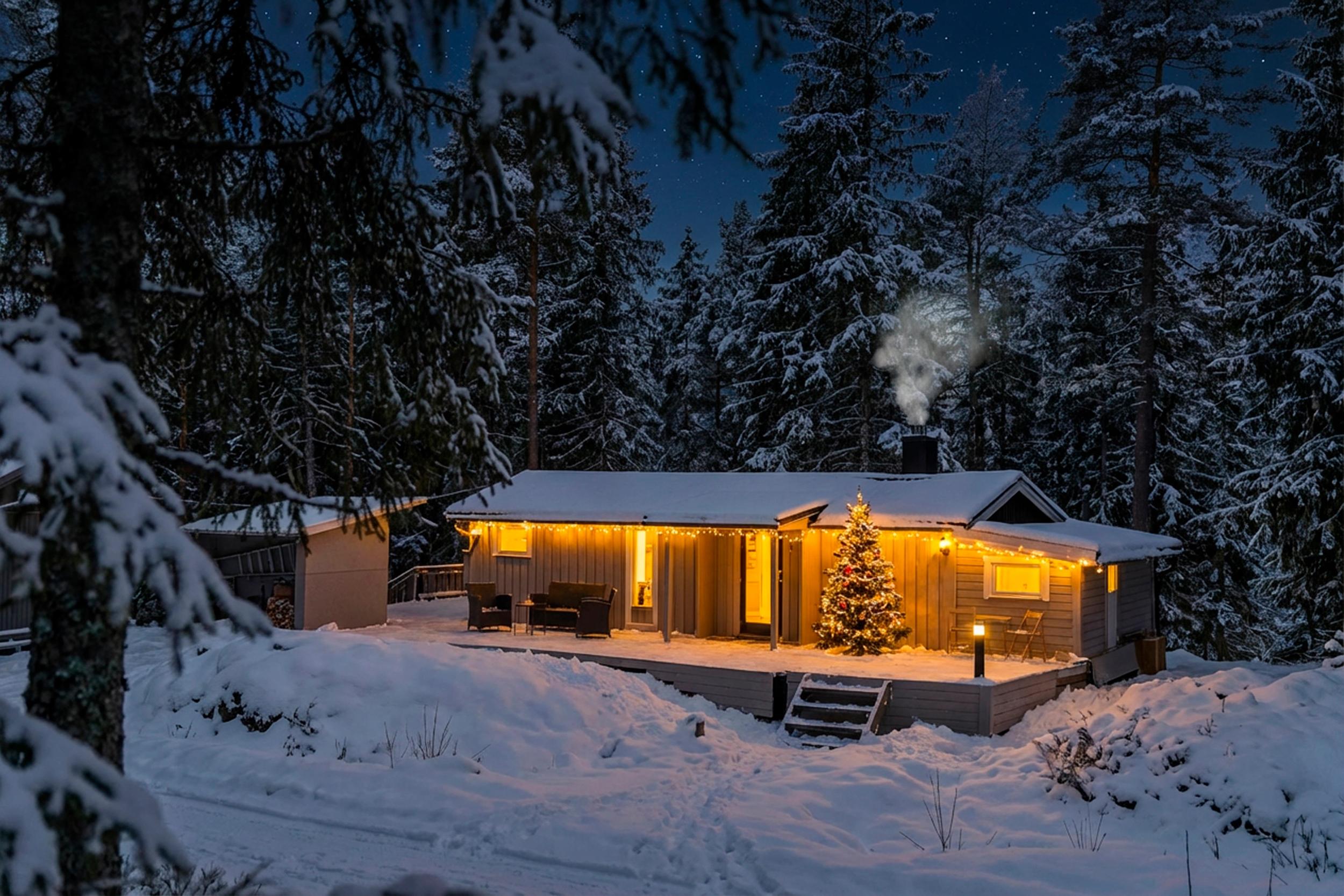 Attentus har gleden av å presentere denne fine boligen i all sin juleprakt. Det gjøres oppmerksom på at bildet er KI generert, og avviker fra virkeligheten.