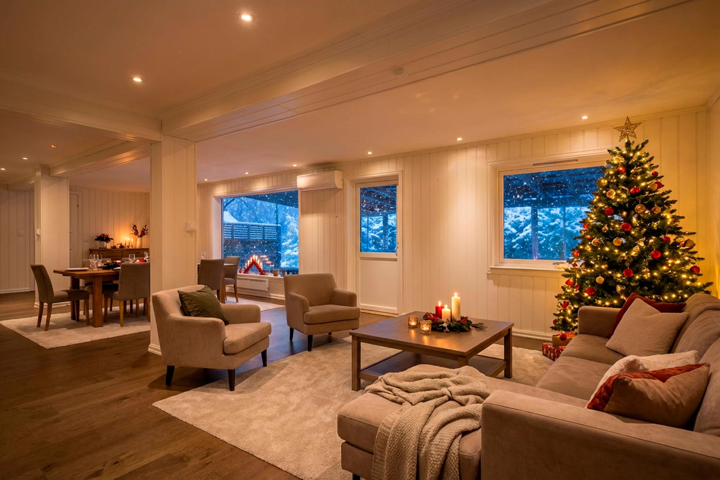 Attentus har gleden av å presentere denne fine boligen i all sin juleprakt. Det gjøres oppmerksom på at bildet er KI generert, og avviker fra virkeligheten.