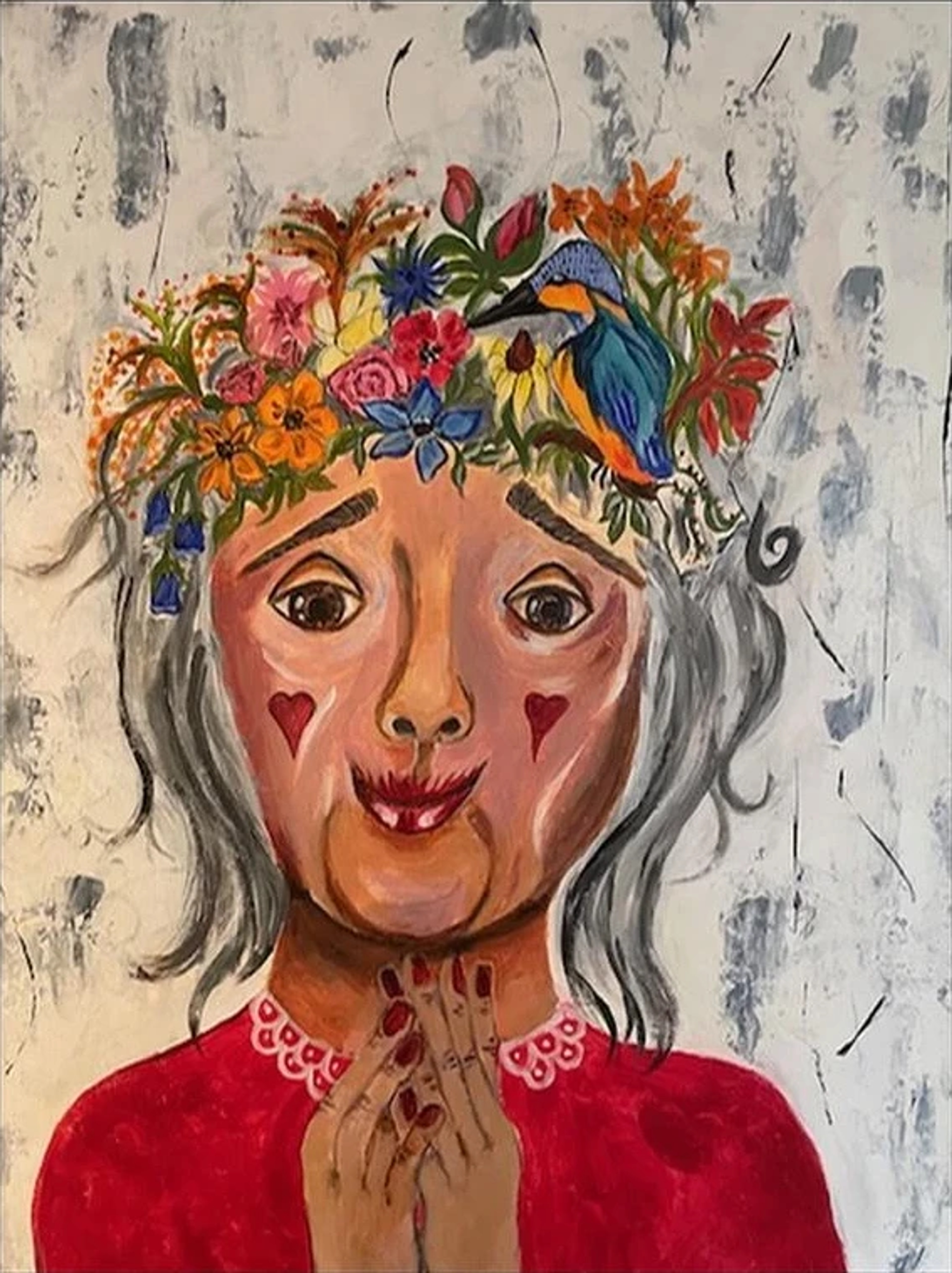 Kvinde med blomsterkrans og isfugl – maleri af Ditte Løgager Pedersen