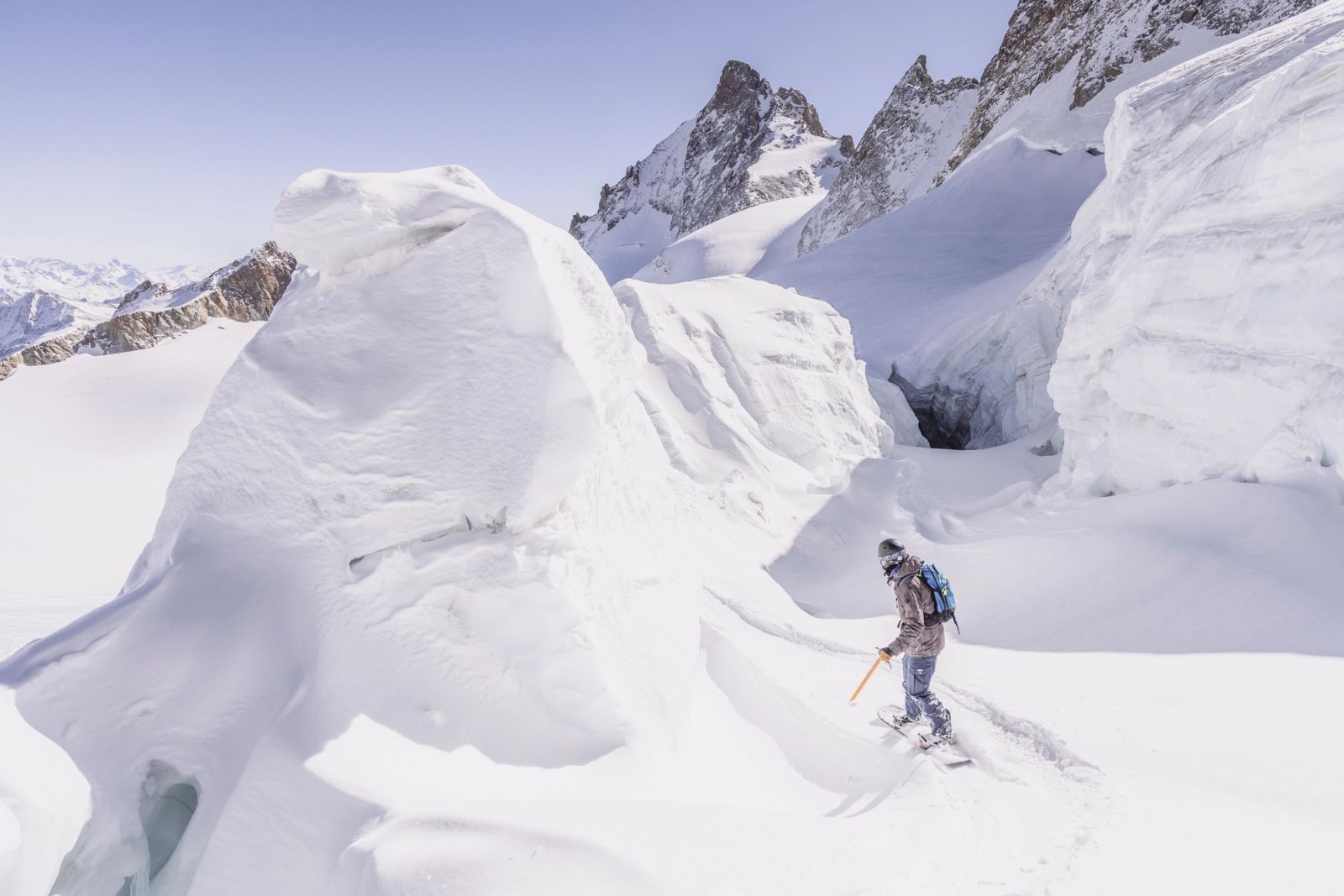 Snowboarder explores the rugged terrain of La Grave