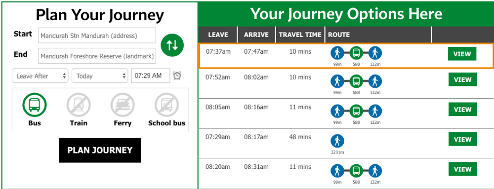 Transperth Plan Your Journey timetable for getting to Mandurah by train and bus