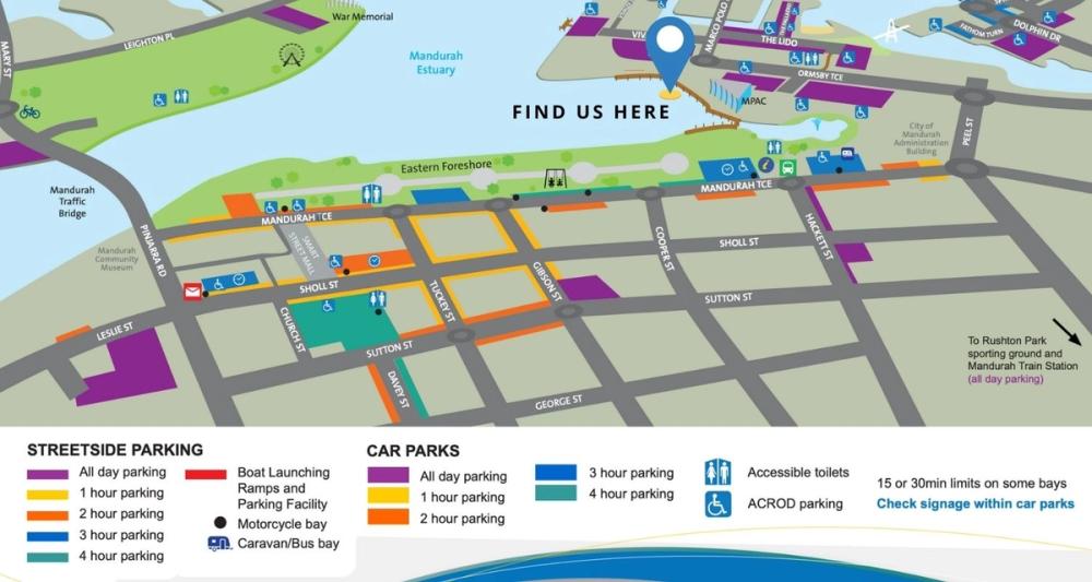 Map of the free car parks near the Mandurah Boat Hire office