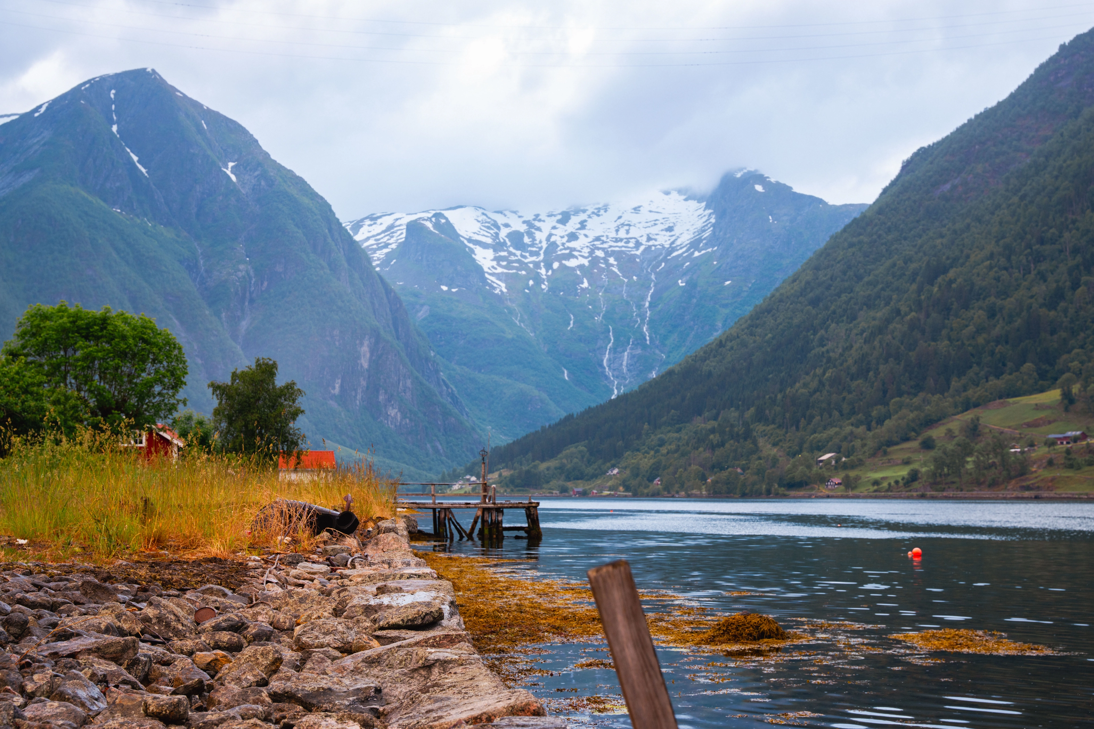 Fjord and snow capped mountains