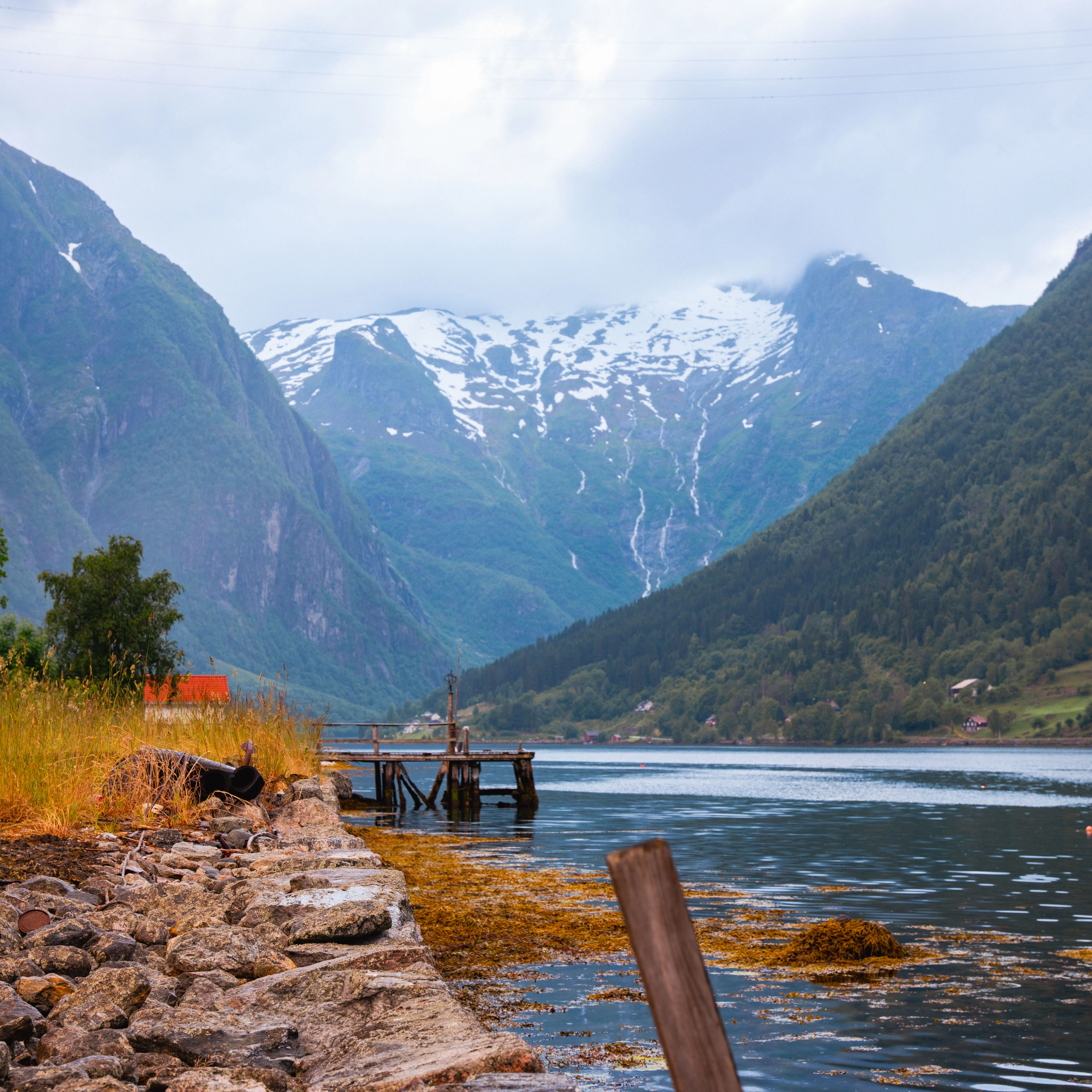 Fjord and snow capped mountains