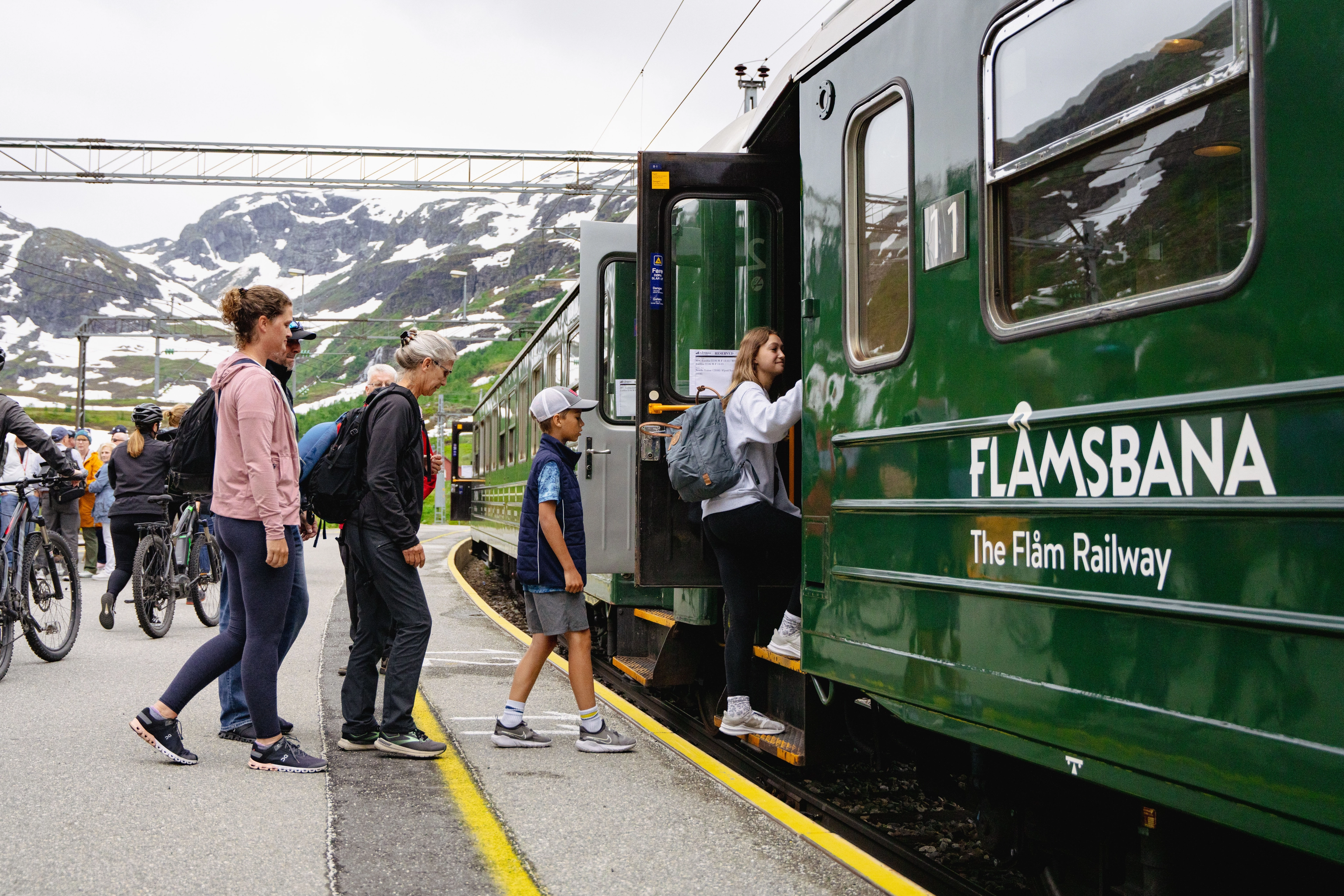 Audrey and her family boarding the Flåm Railway
