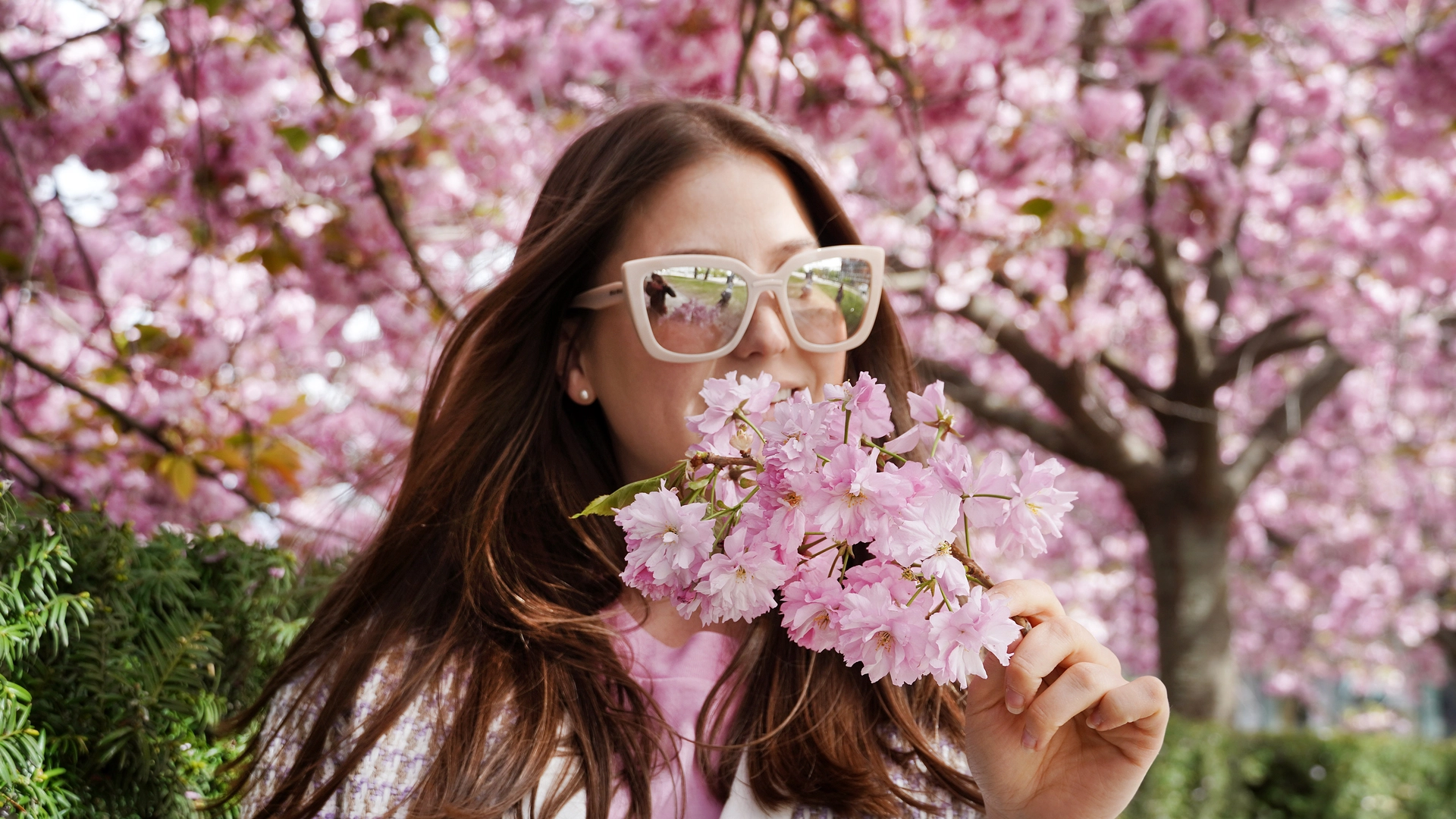 Enjoying spring cherry blossoms in Oslo Young woman with sunglasses holding pink cherry blossoms and smiling among blooming cherry trees in full spring bloom in Oslo