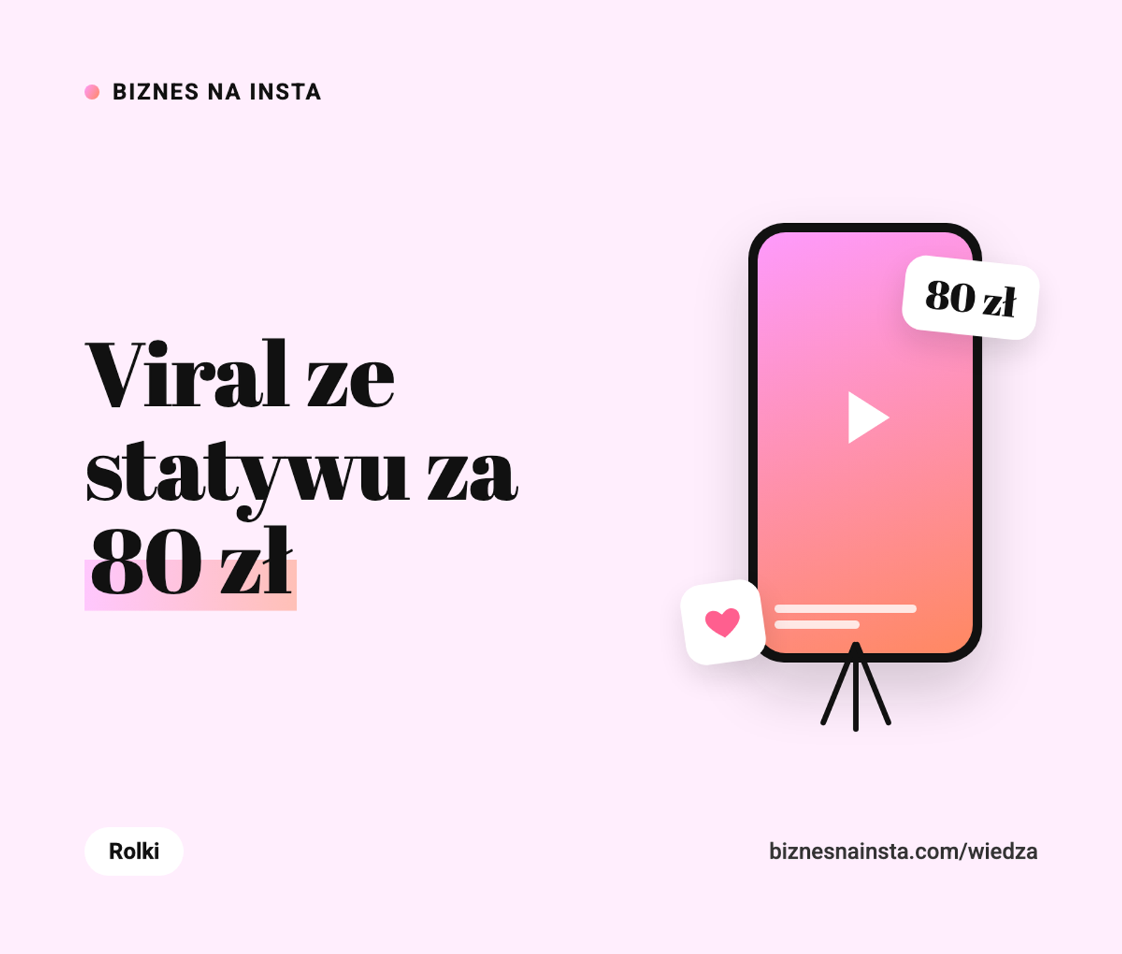 Okładka wpisu bloga Biznes na Insta z napisem „Viral ze statywu za 80 zł”.