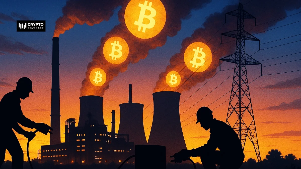 Bitcoin miners at dusk near Argentinian power plant with Bitcoin smoke.