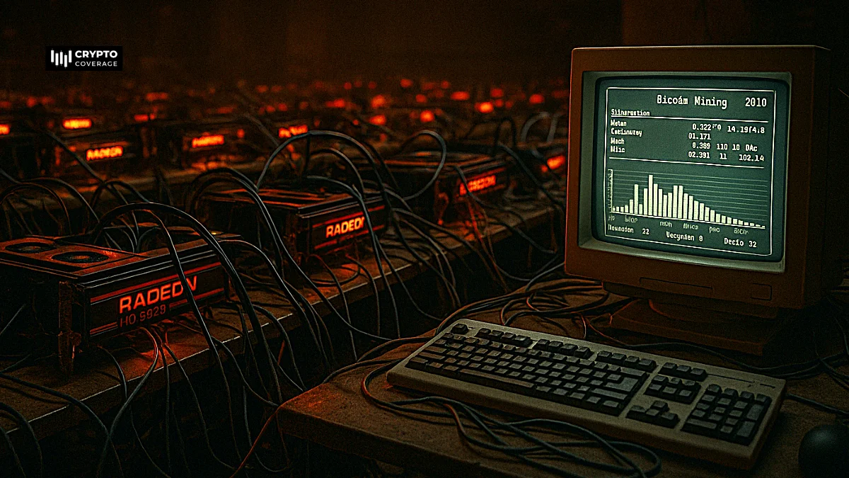 2010 computer lab with Radeon HD 5970 GPUs and CRT showing Bitcoin mining stats.